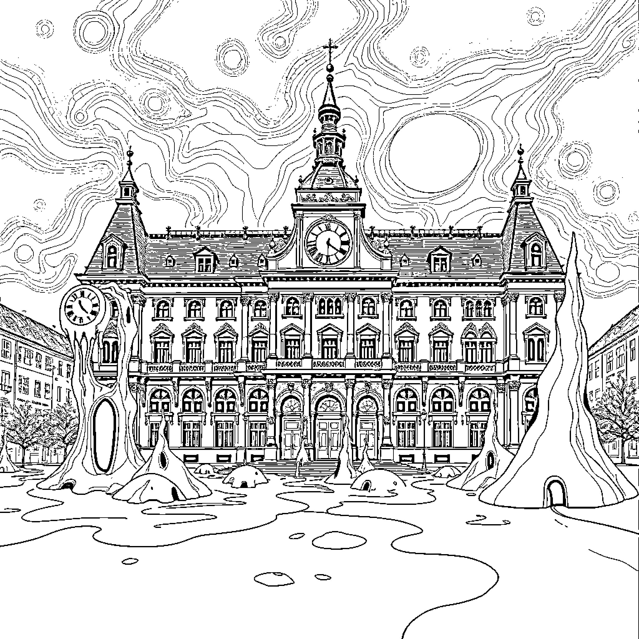 Rathaus: Ornate Architectural Splendor in Moonlit Cityscape Coloring Page (free black-and-white line drawing printable PDF for all, from beginners to advanced learners, including children, teens, adults, and seniors)