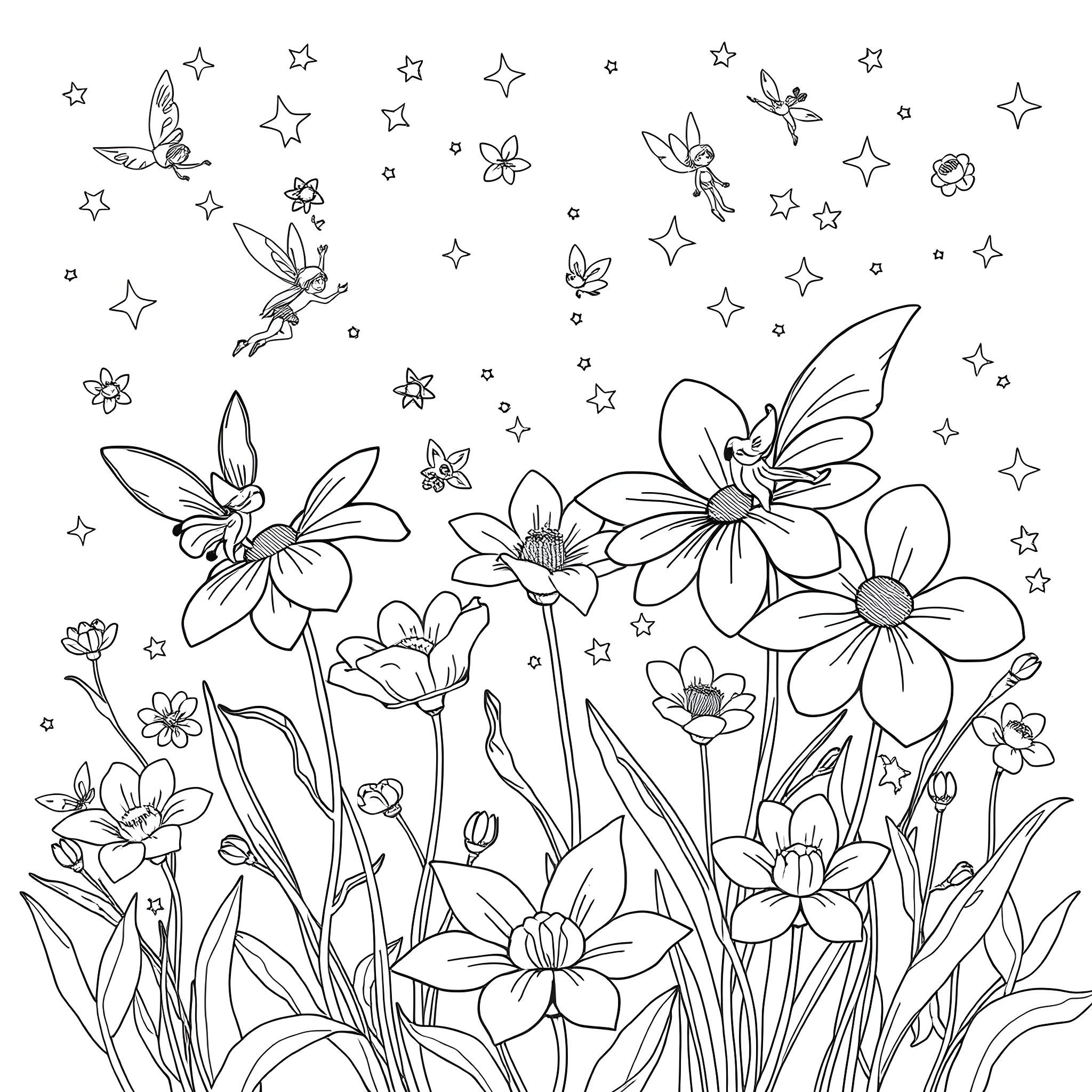 Flower garden with whimsical fairy silhouettes Coloring Page (free black-and-white line drawing printable PDF for all, from beginners to advanced learners, including children, teens, adults, and seniors)