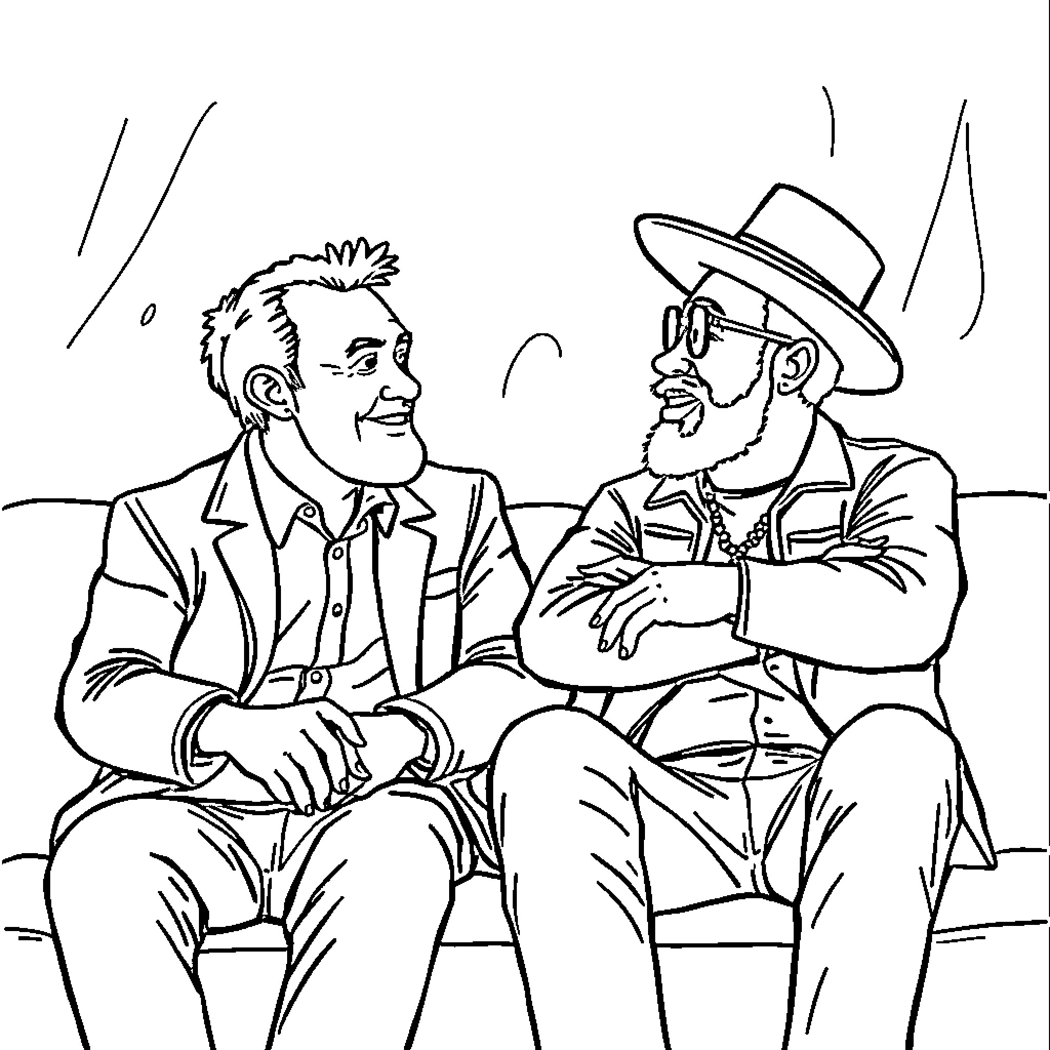 Mark Adams engaged in earnest conversation with cowboy companion Coloring Page (free black-and-white line drawing printable PDF for all, from beginners to advanced learners, including children, teens, adults, and seniors)