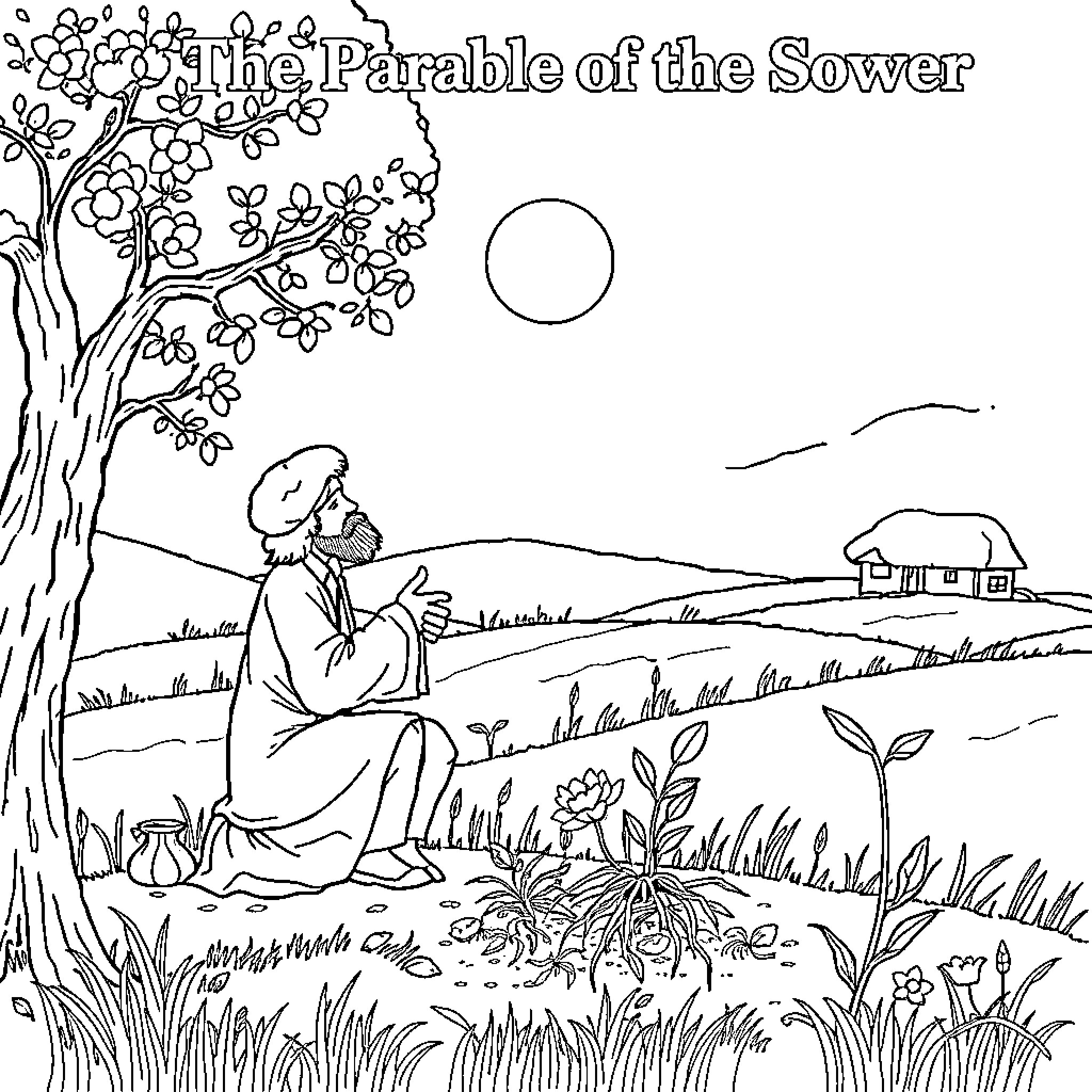 Sower scattering seeds in peaceful rural landscape Coloring Page (free black-and-white line drawing printable PDF for all, from beginners to advanced learners, including children, teens, adults, and seniors)