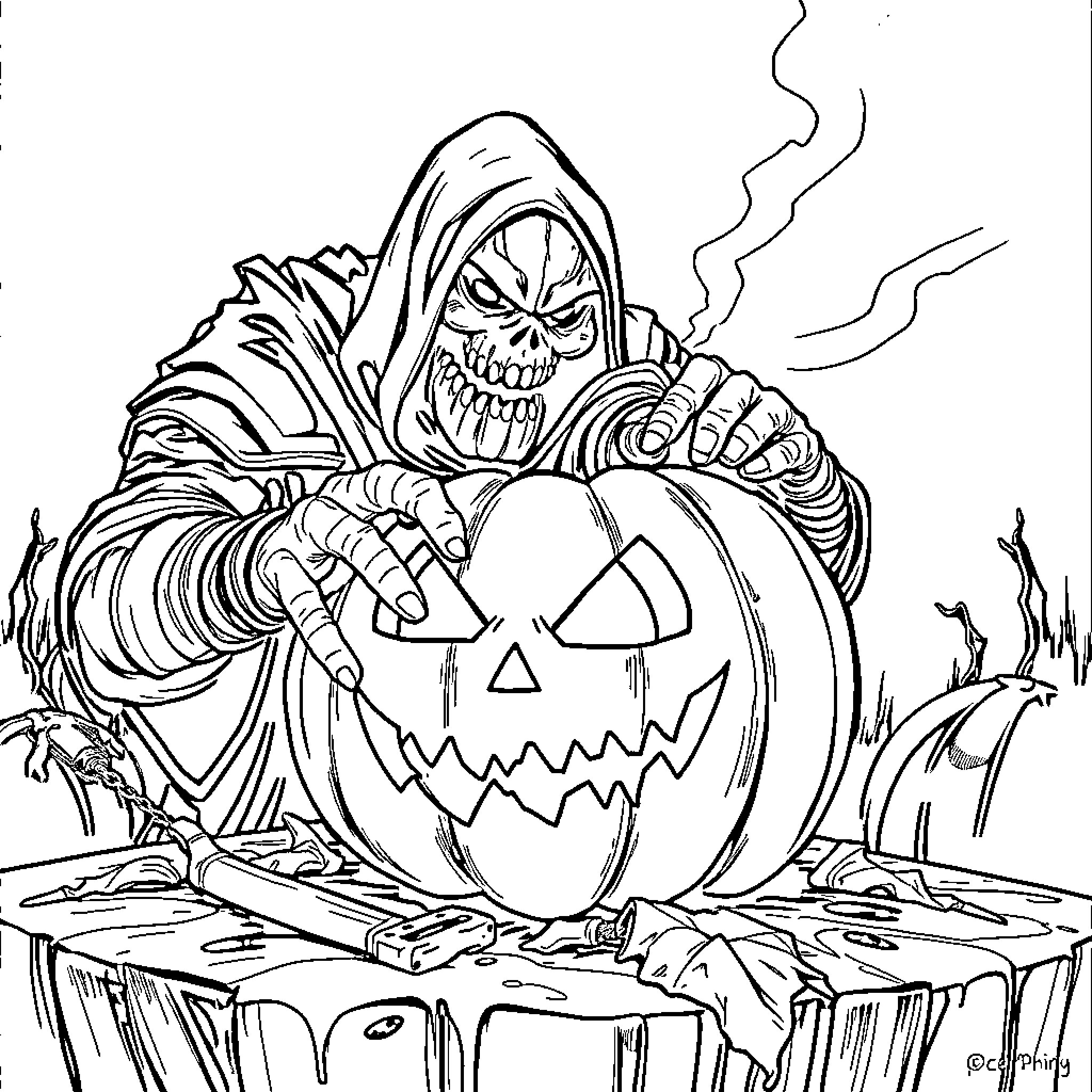 Doom Slayer menacing Halloween jack-o'-lantern Coloring Page (free black-and-white line drawing printable PDF for all, from beginners to advanced learners, including children, teens, adults, and seniors)