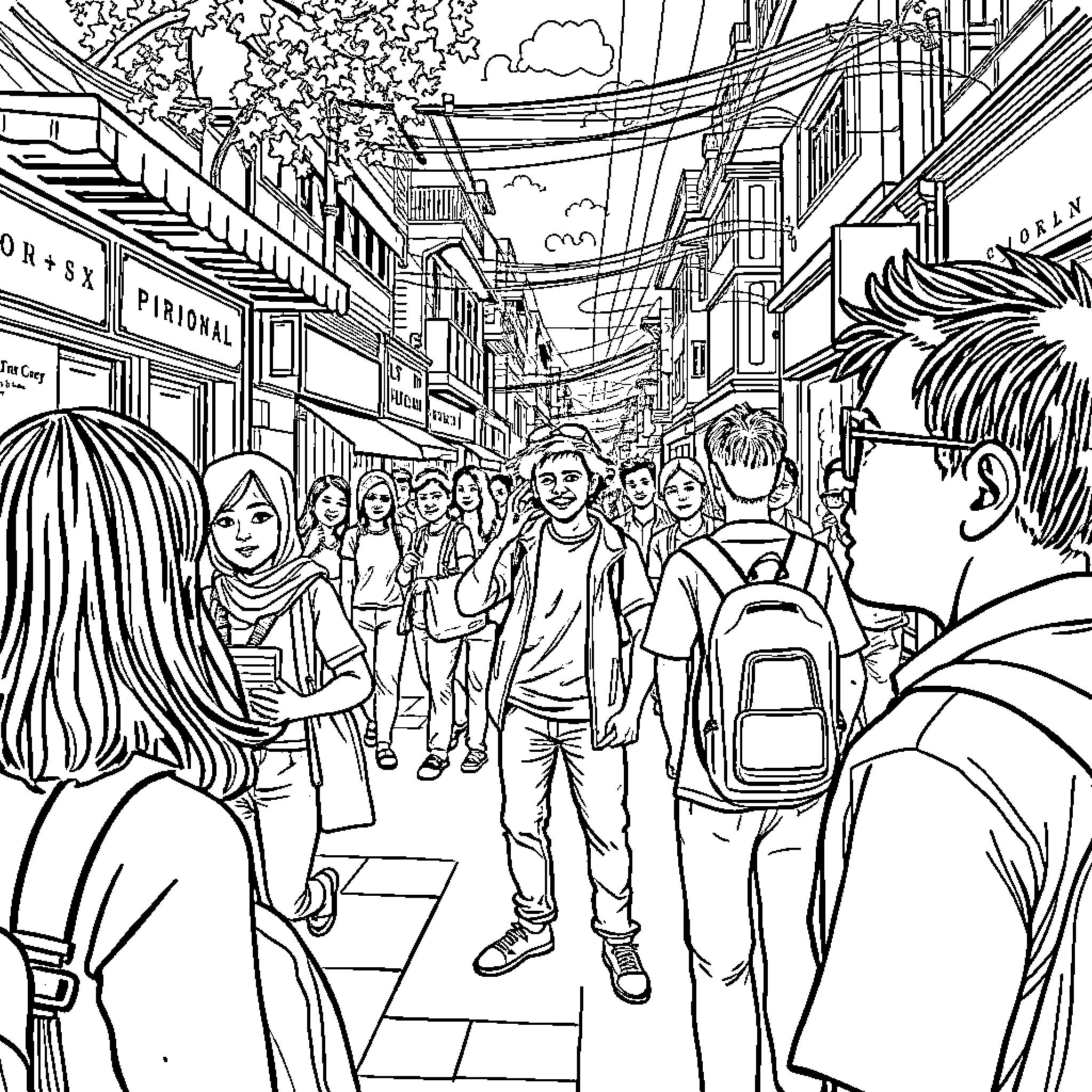 Vlogger captures lively street scene in bustling city Coloring Page (free black-and-white line drawing printable PDF for all, from beginners to advanced learners, including children, teens, adults, and seniors)