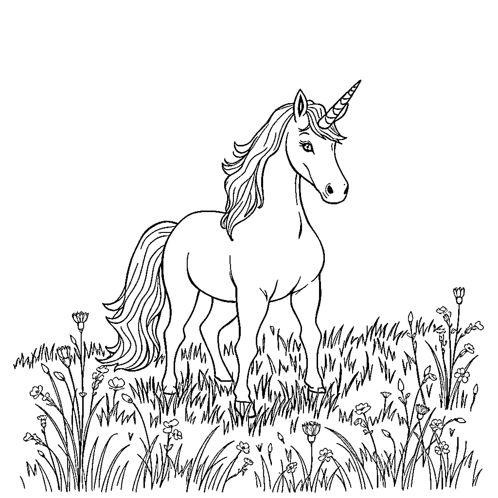 Unicorn standing majestically in a field of flowers Coloring Page (free black-and-white line drawing printable PDF for all, from beginners to advanced learners, including children, teens, adults, and seniors)