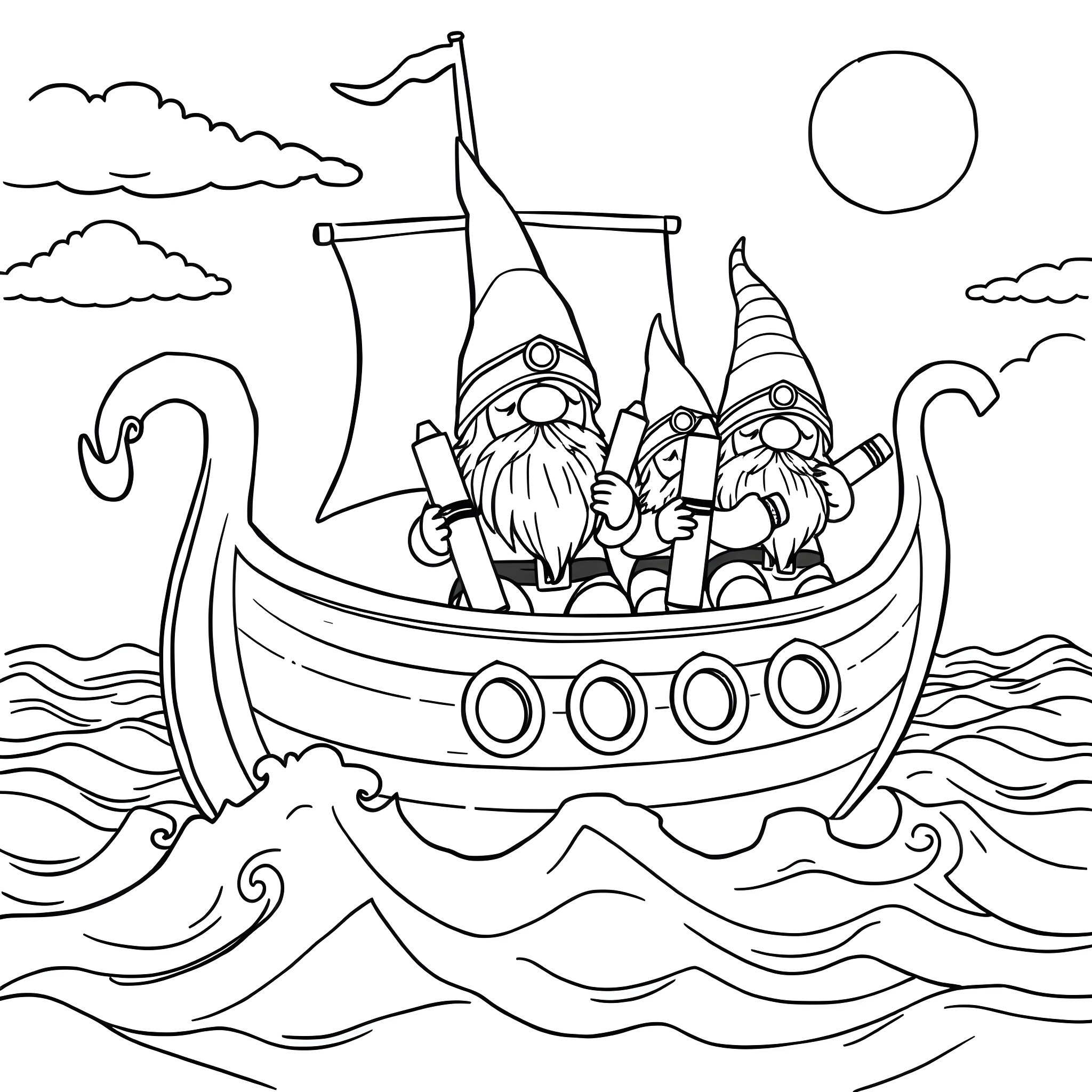 Viking Gnomes Sailing on a Decorated Ship Coloring Page (free black-and-white line drawing printable PDF for all, from beginners to advanced learners, including children, teens, adults, and seniors)