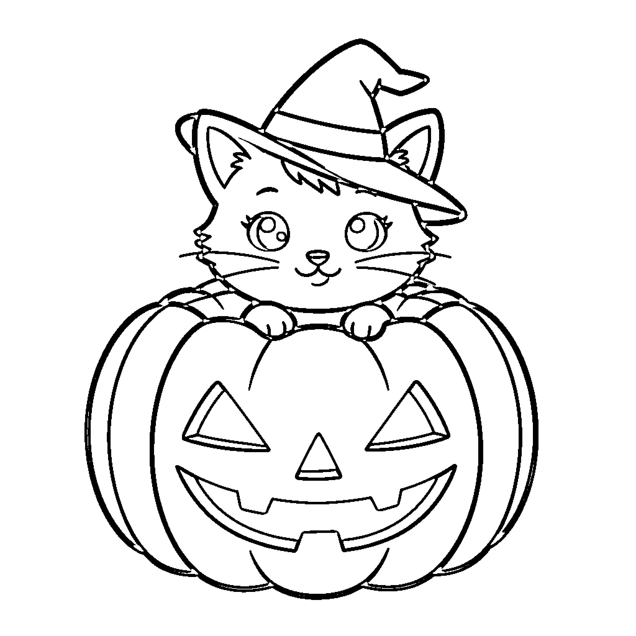 Kitten wearing a witch hat behind a jack-o'-lantern Coloring Page (free black-and-white line drawing printable PDF for all, from beginners to advanced learners, including children, teens, adults, and seniors)