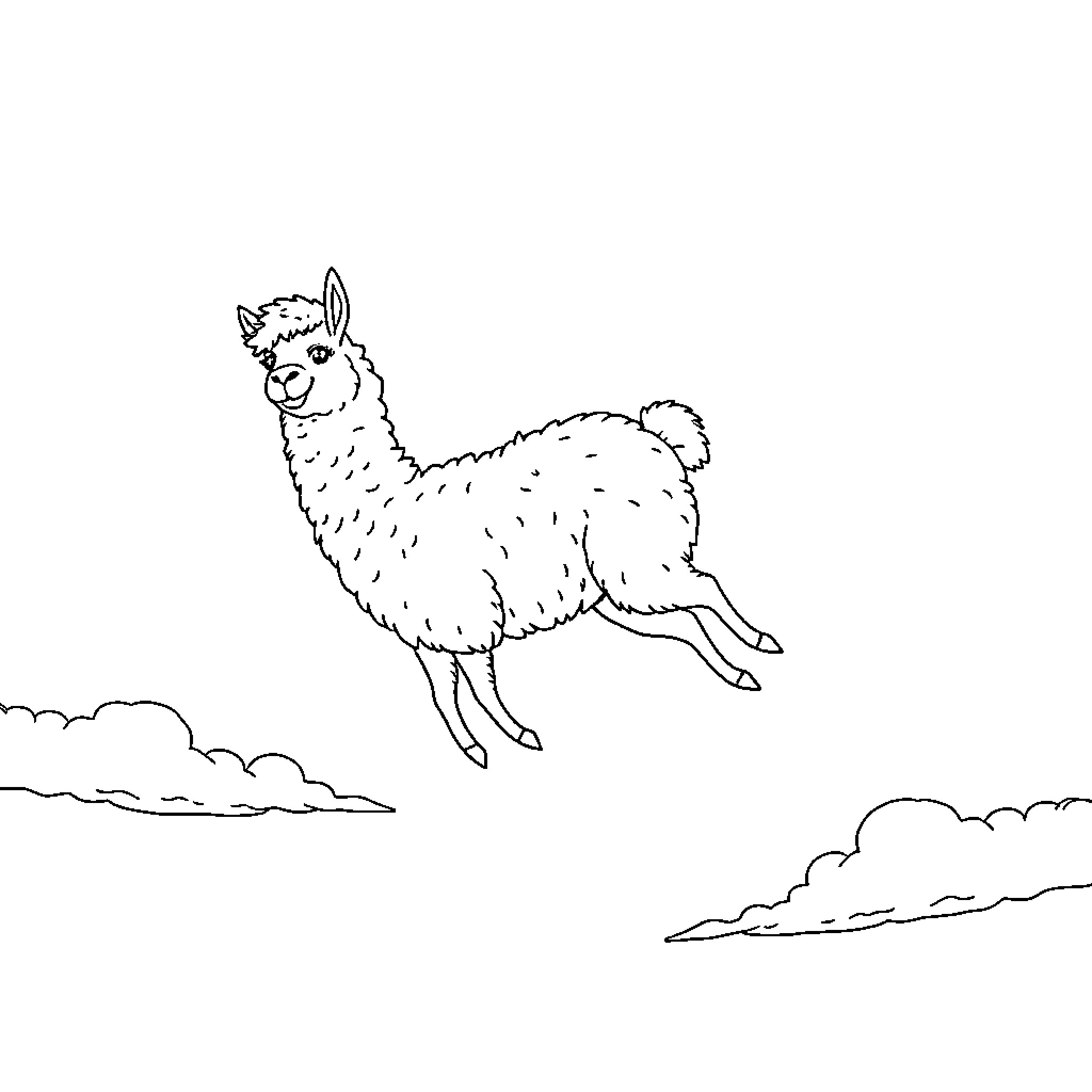 Llama jumping playfully in the clouds Coloring Page (free black-and-white line drawing printable PDF for all, from beginners to advanced learners, including children, teens, adults, and seniors)