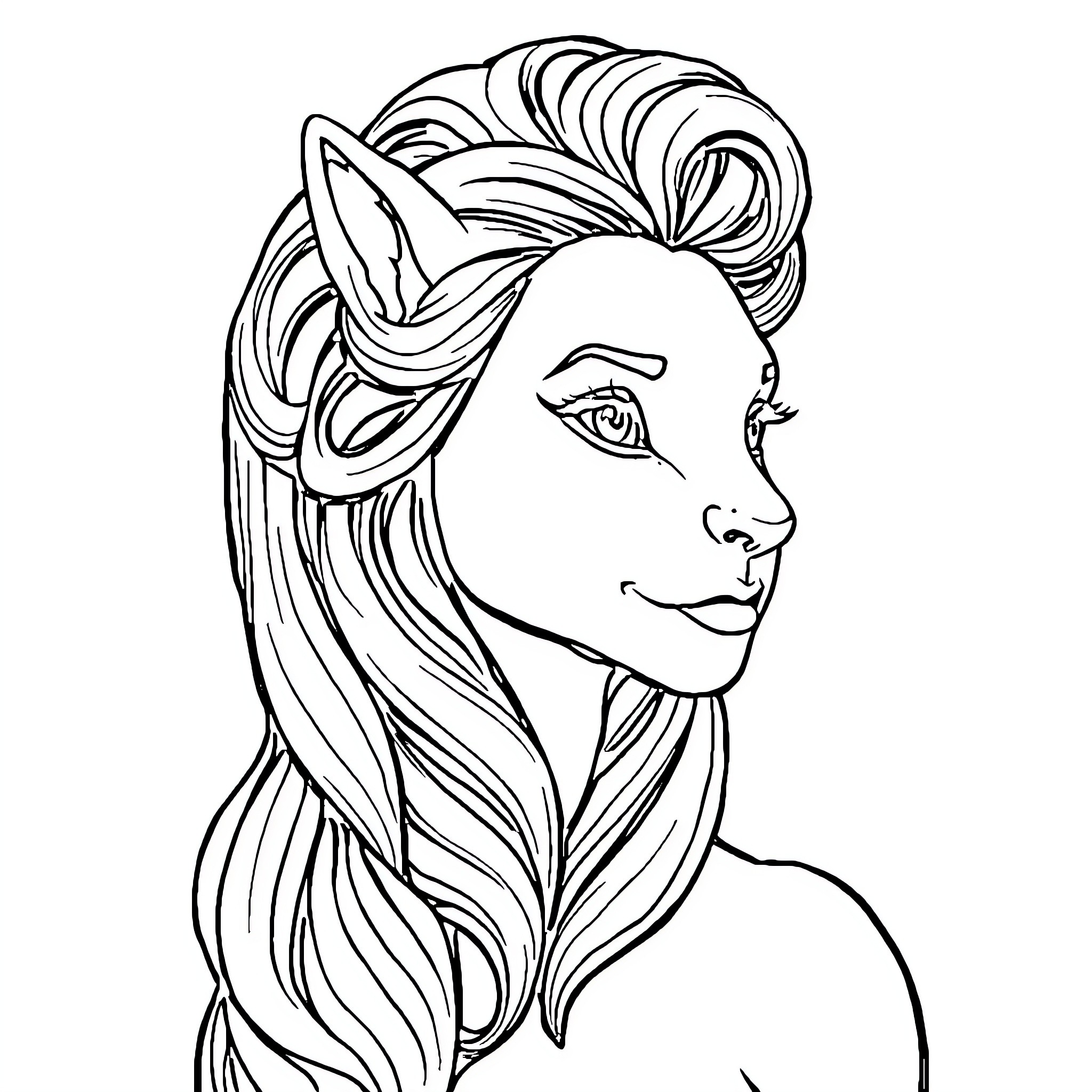 Mermaid with flowing hair and elegant features Coloring Page (free black-and-white line drawing printable PDF for all, from beginners to advanced learners, including children, teens, adults, and seniors)