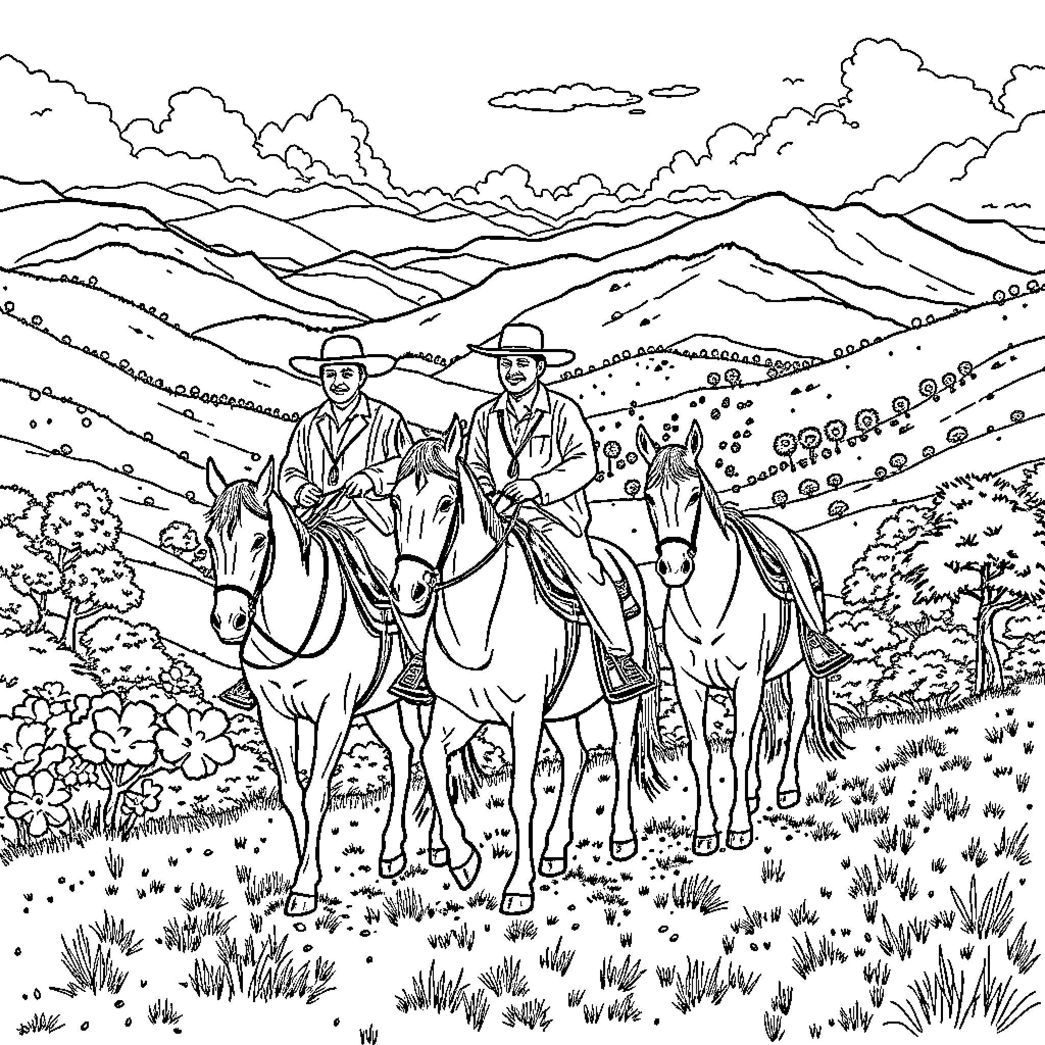 Amigo riders on horseback in rural landscape Coloring Page (free black-and-white line drawing printable PDF for all, from beginners to advanced learners, including children, teens, adults, and seniors)