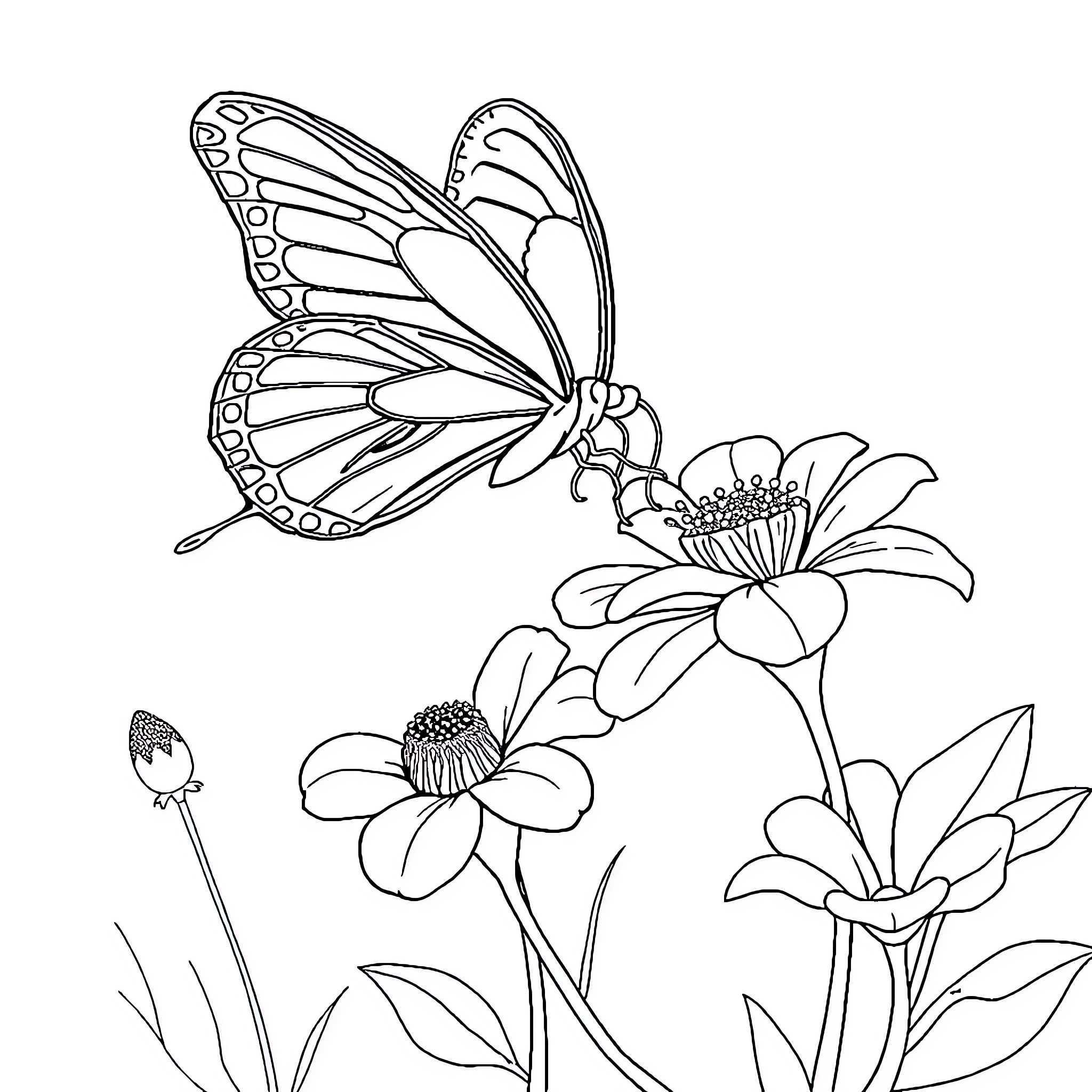 Butterfly resting on blooming flowers Coloring Page (free black-and-white line drawing printable PDF for all, from beginners to advanced learners, including children, teens, adults, and seniors)