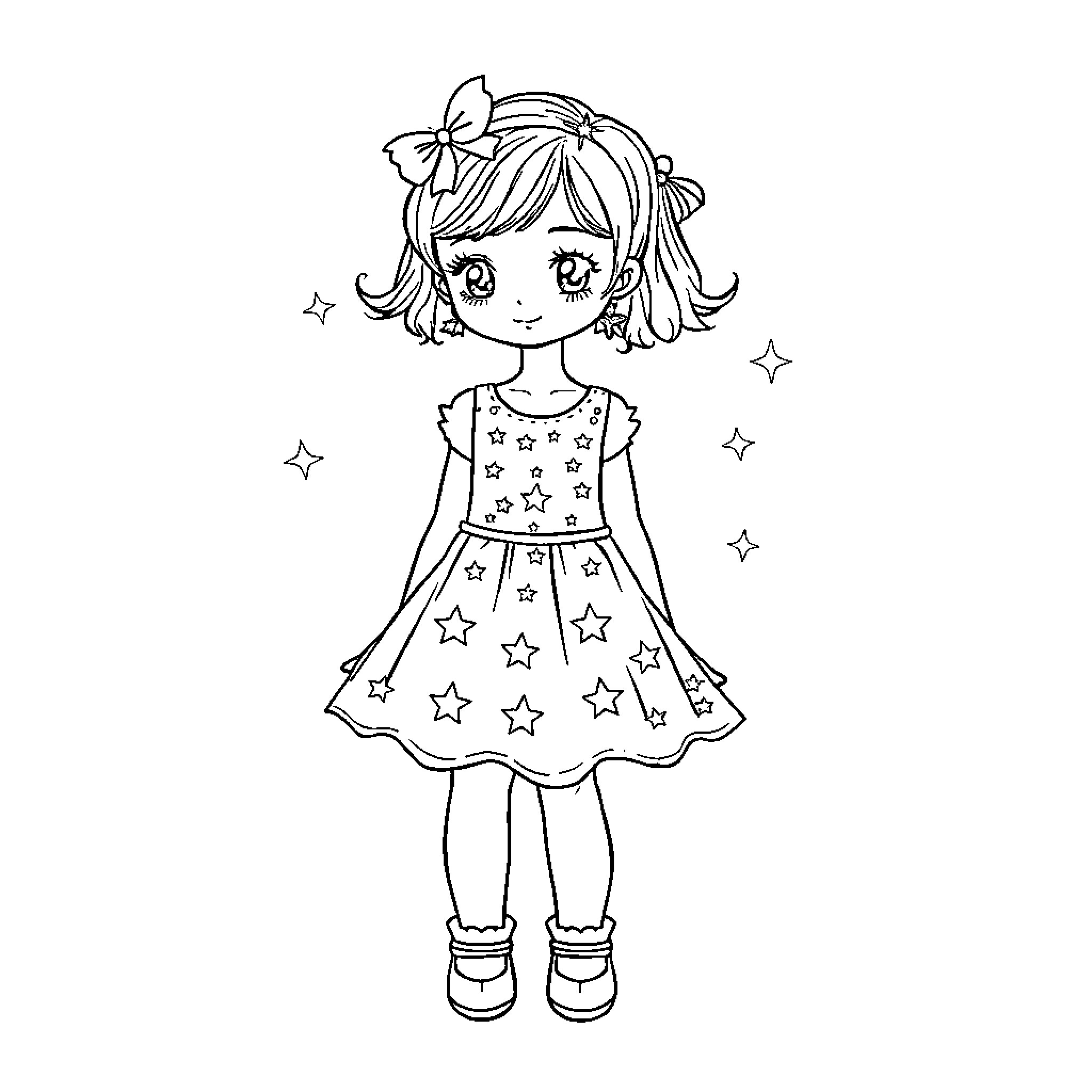 Girl in Starry Dress with Cute Expression Coloring Page (free black-and-white line drawing printable PDF for all, from beginners to advanced learners, including children, teens, adults, and seniors)