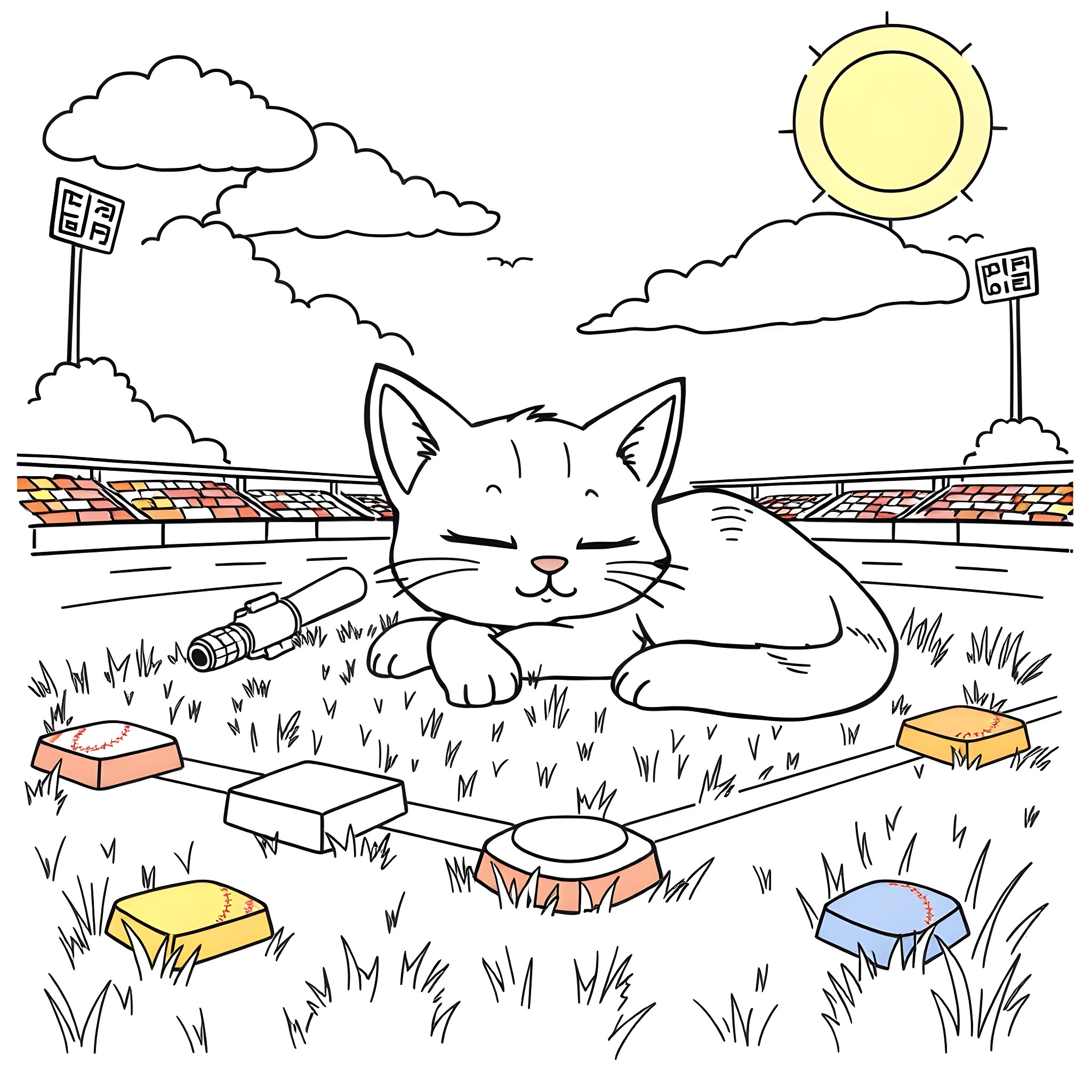 Cat napping peacefully in the park Coloring Page (free black-and-white line drawing printable PDF for all, from beginners to advanced learners, including children, teens, adults, and seniors)