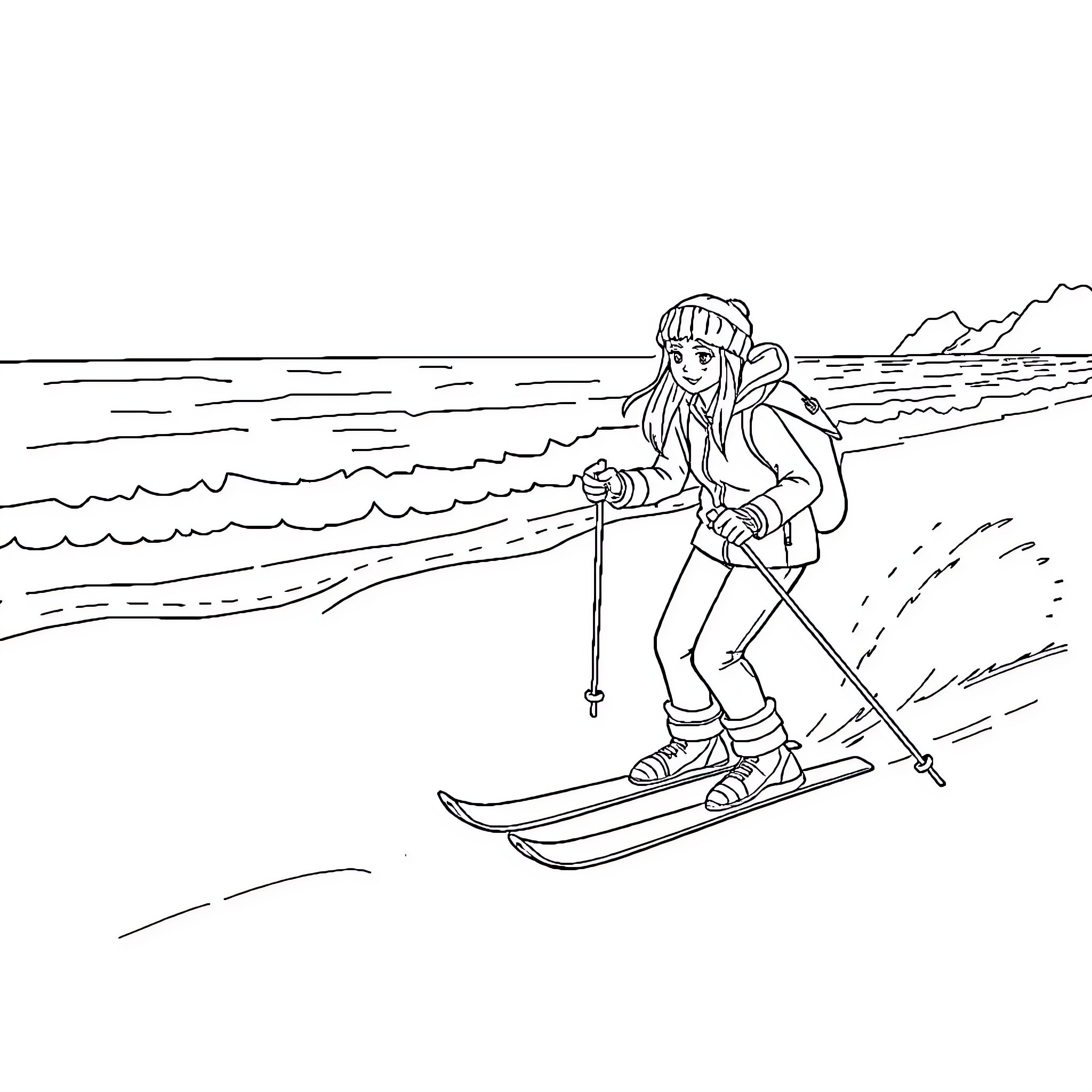 Heidi skiing gracefully on the slopes Coloring Page (free black-and-white line drawing printable PDF for all, from beginners to advanced learners, including children, teens, adults, and seniors)