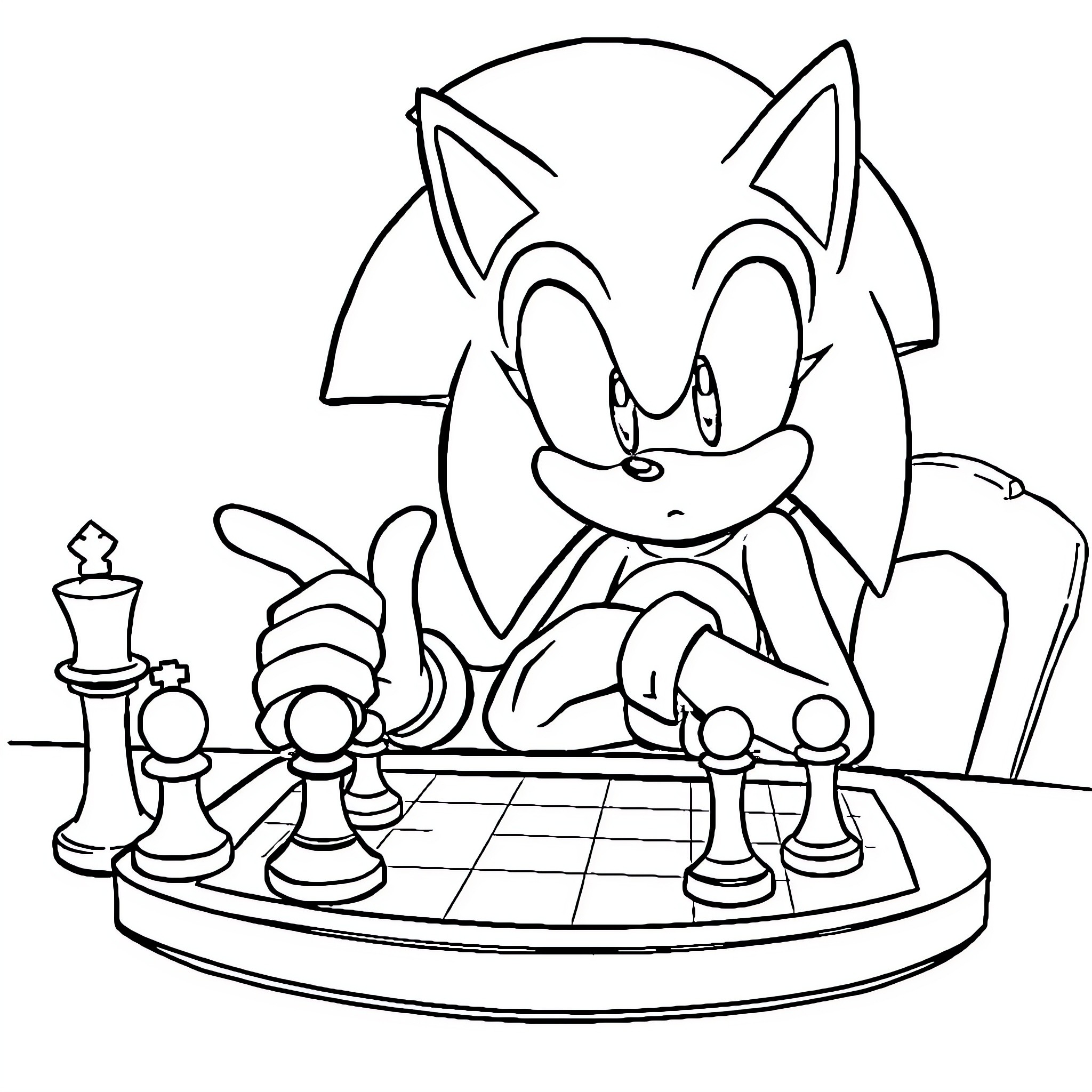 Sonic playing chess on a chessboard Coloring Page (free black-and-white line drawing printable PDF for all, from beginners to advanced learners, including children, teens, adults, and seniors)