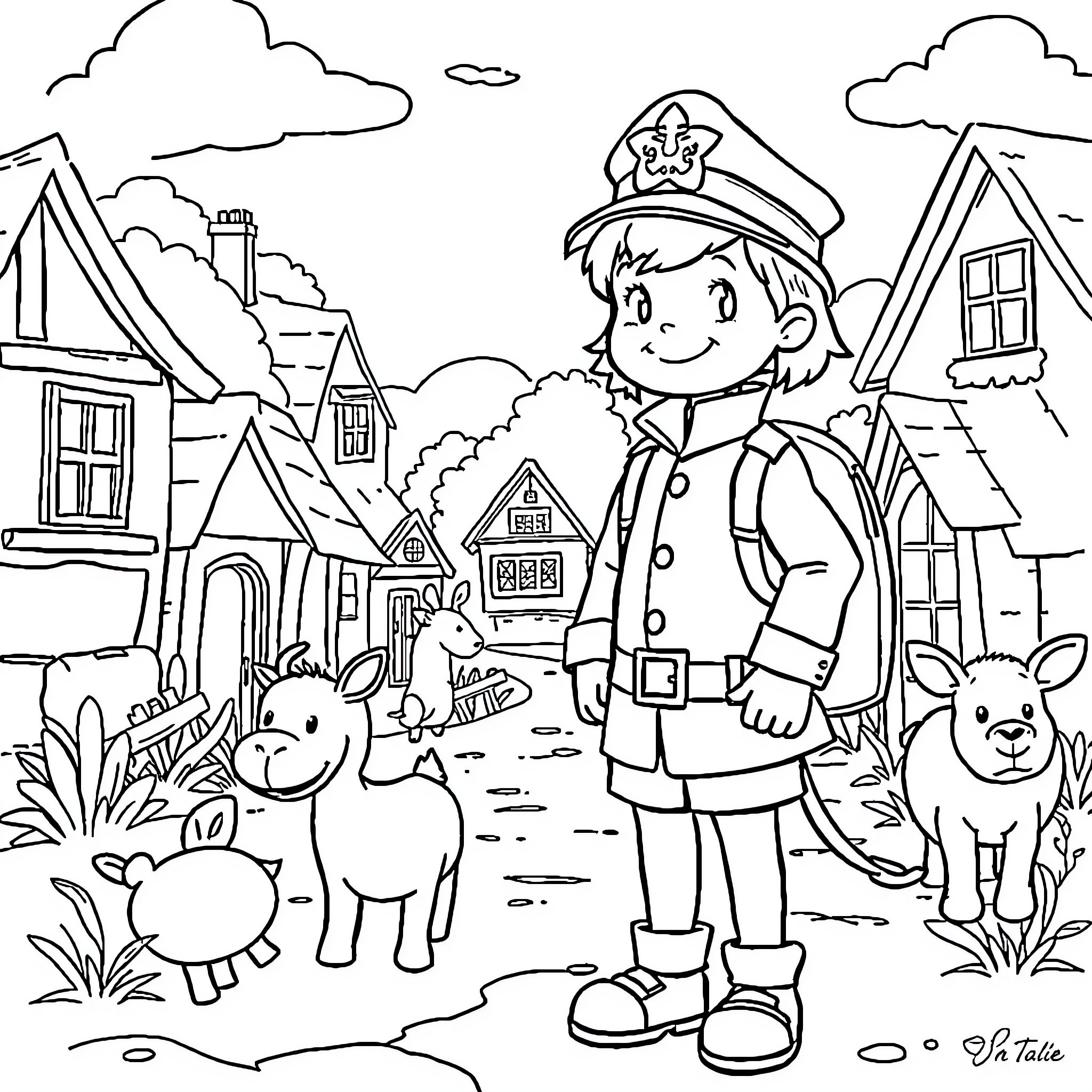 Sam's Friendly Encounter with Farmyard Animals Coloring Page (free black-and-white line drawing printable PDF for all, from beginners to advanced learners, including children, teens, adults, and seniors)