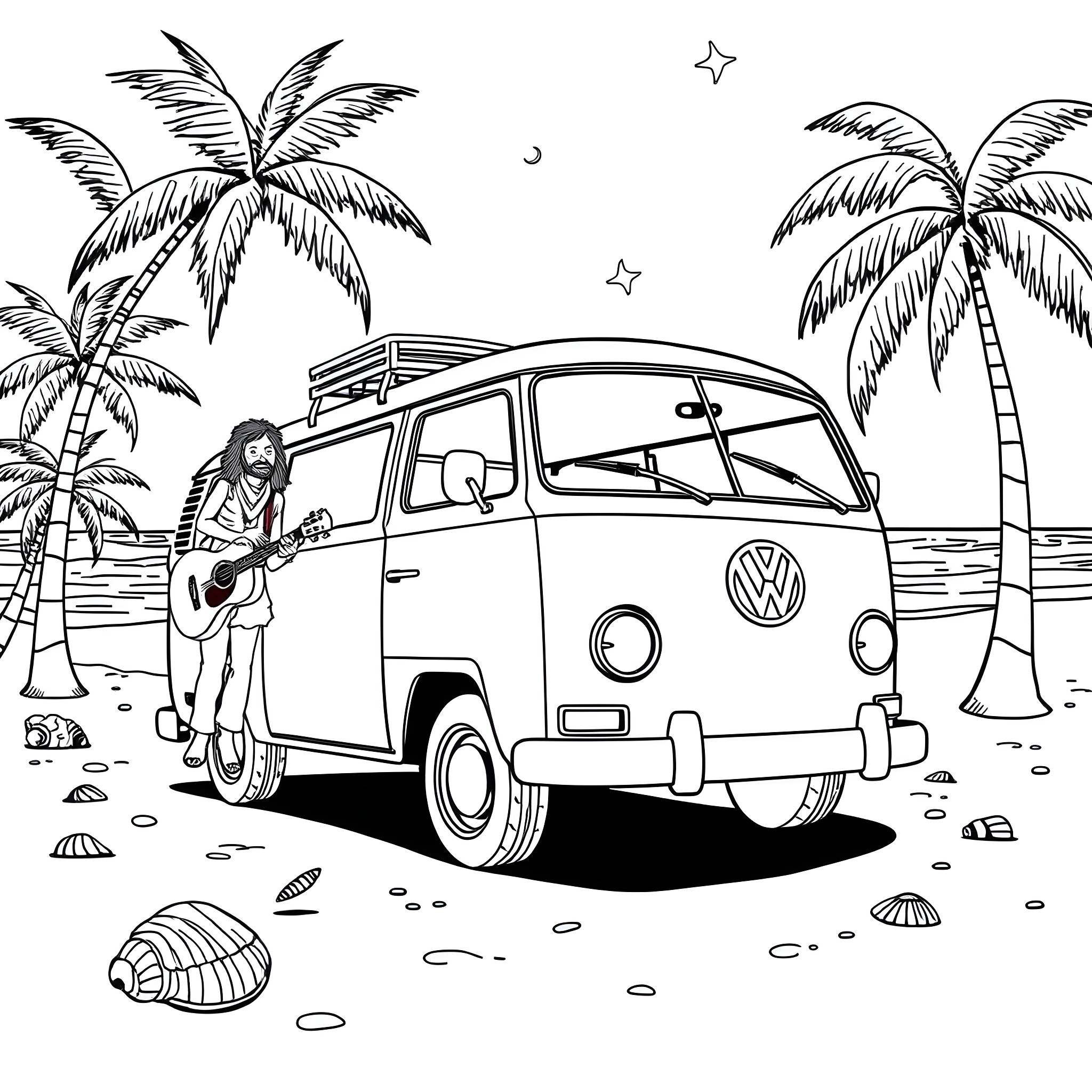 Volkswagen Bus with musician on tropical beach Coloring Page (free black-and-white line drawing printable PDF for all, from beginners to advanced learners, including children, teens, adults, and seniors)