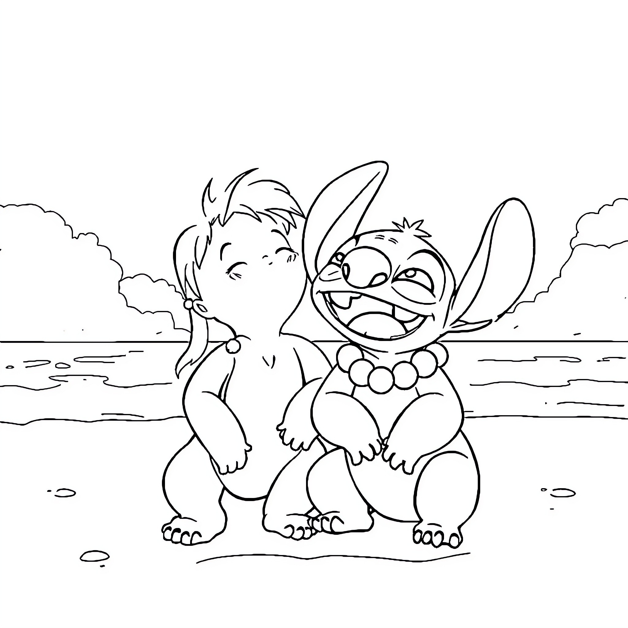 Lilo And Stitch playing happily by the ocean Coloring Page (free black-and-white line drawing printable PDF for all, from beginners to advanced learners, including children, teens, adults, and seniors)