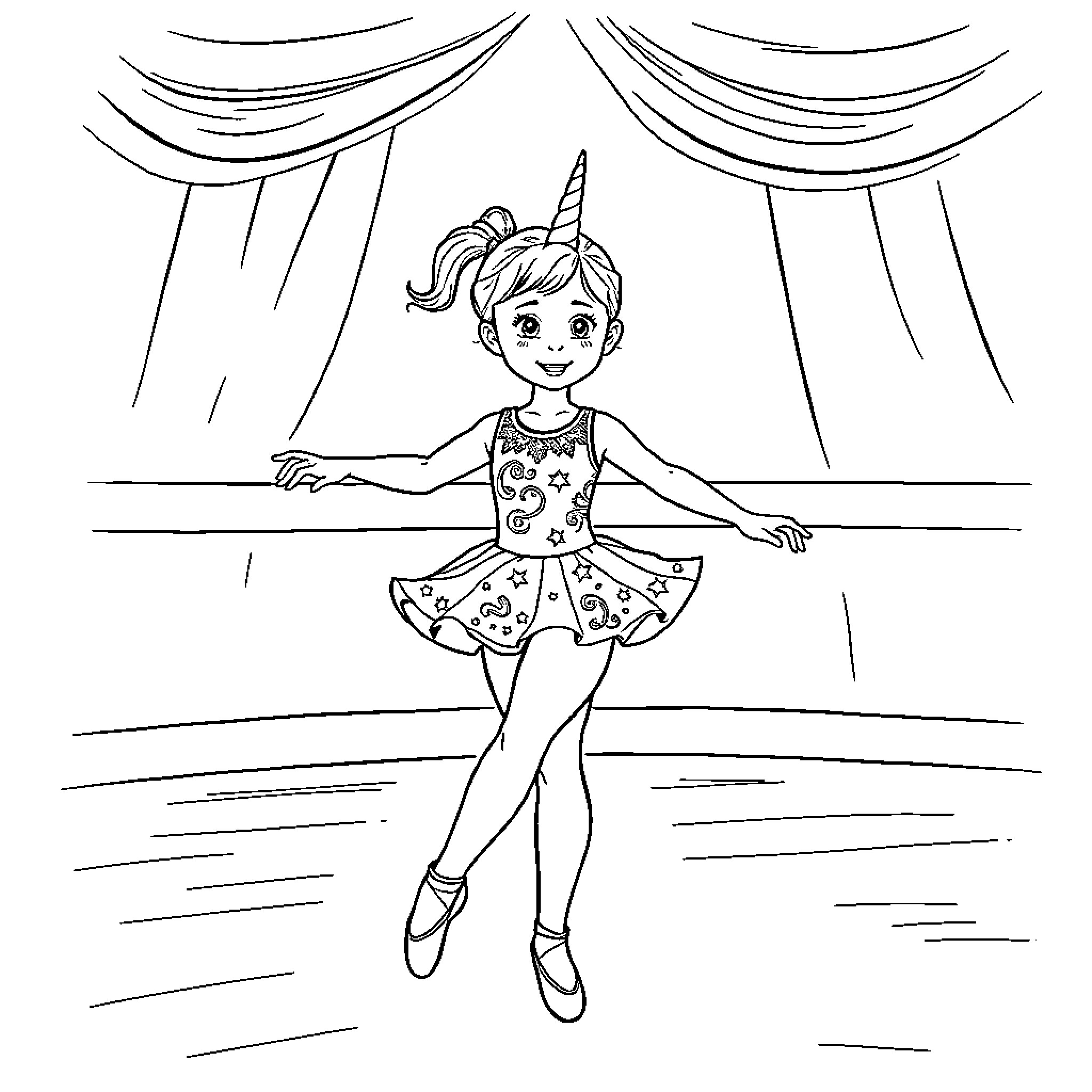 Girl performing on stage in ballet outfit Coloring Page (free black-and-white line drawing printable PDF for all, from beginners to advanced learners, including children, teens, adults, and seniors)