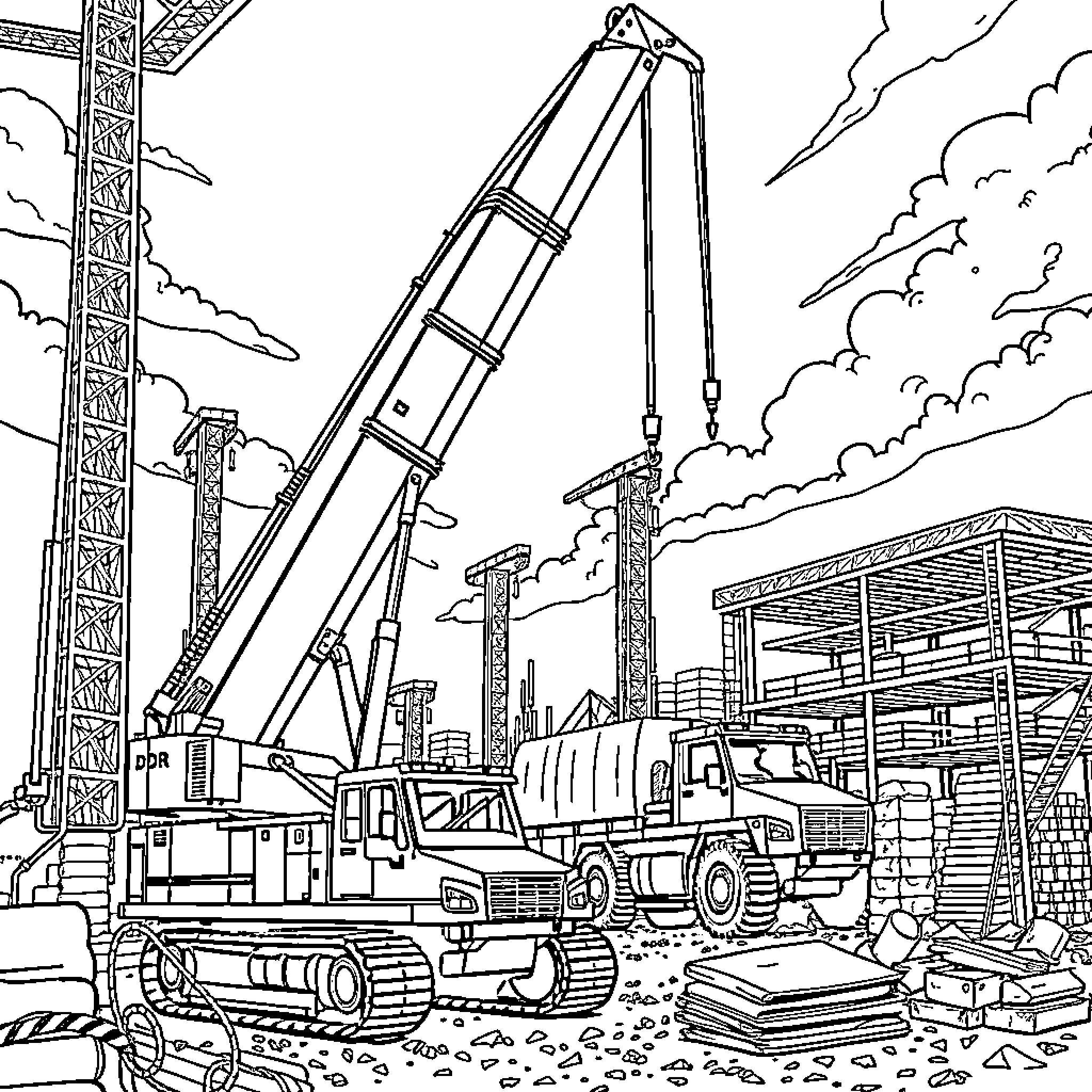 Crane lifting heavy equipment at construction site Coloring Page (free black-and-white line drawing printable PDF for all, from beginners to advanced learners, including children, teens, adults, and seniors)