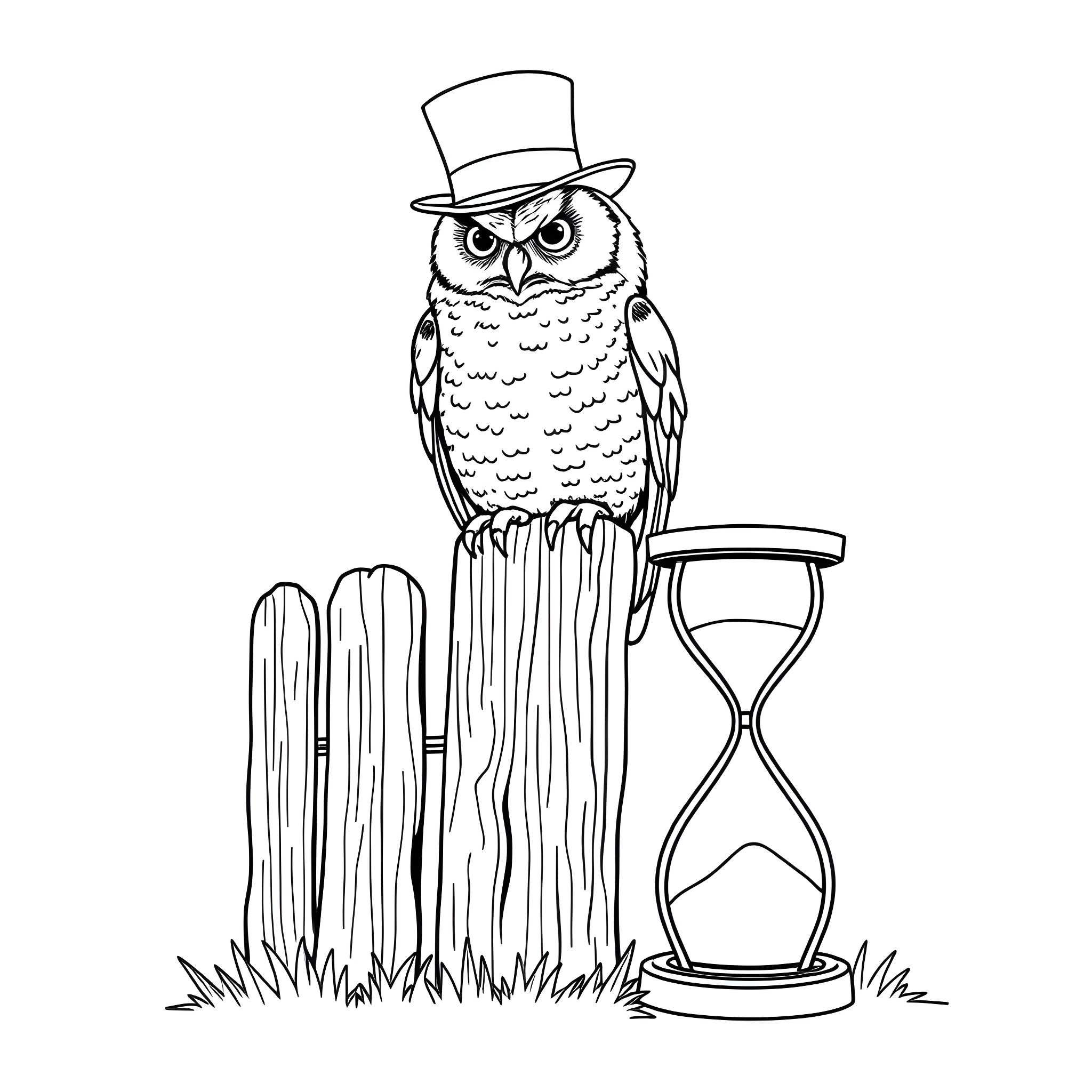 Owl in a Top Hat with Hourglass Coloring Page (free black-and-white line drawing printable PDF for all, from beginners to advanced learners, including children, teens, adults, and seniors)