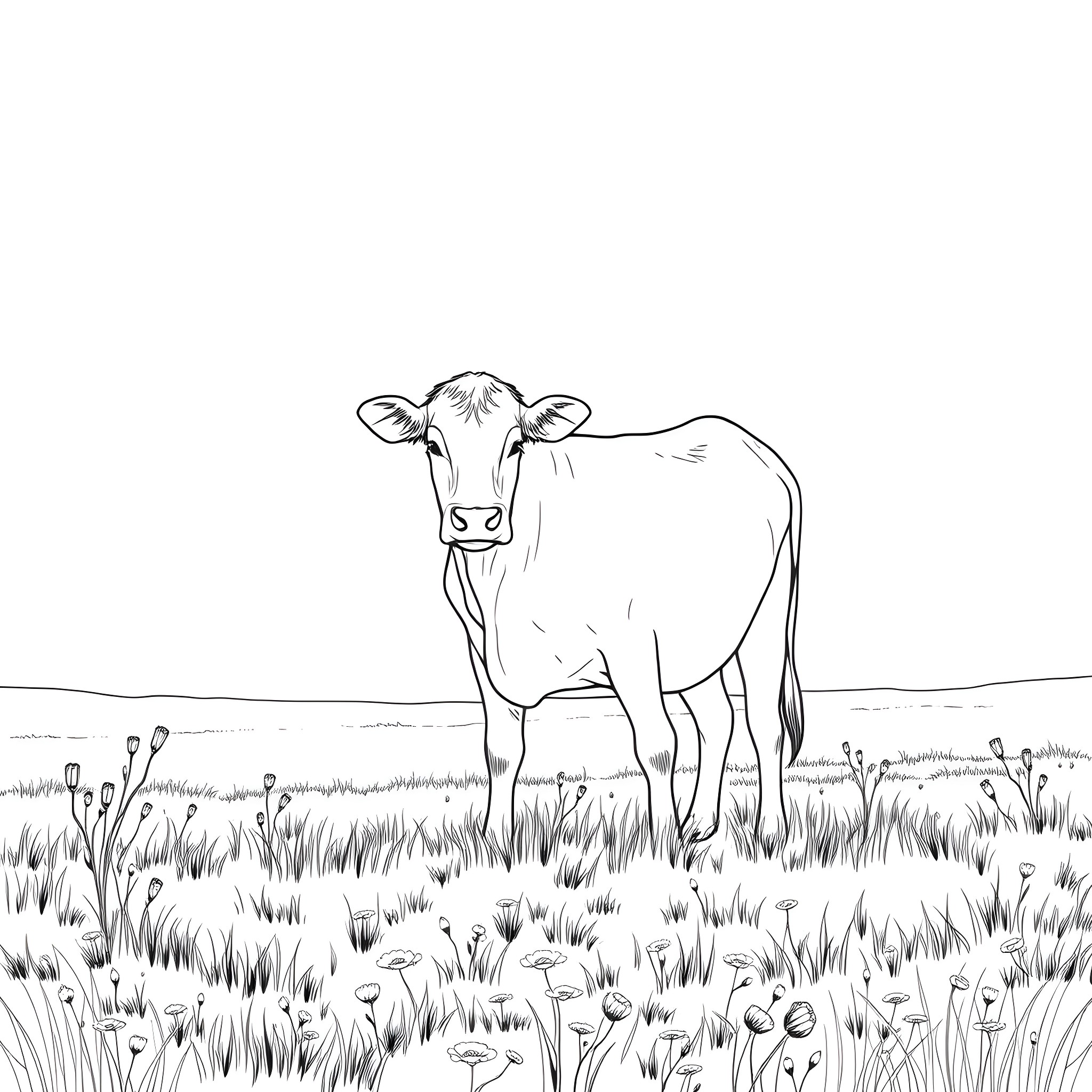 Calf standing in a grassy field Coloring Page (free black-and-white line drawing printable PDF for all, from beginners to advanced learners, including children, teens, adults, and seniors)