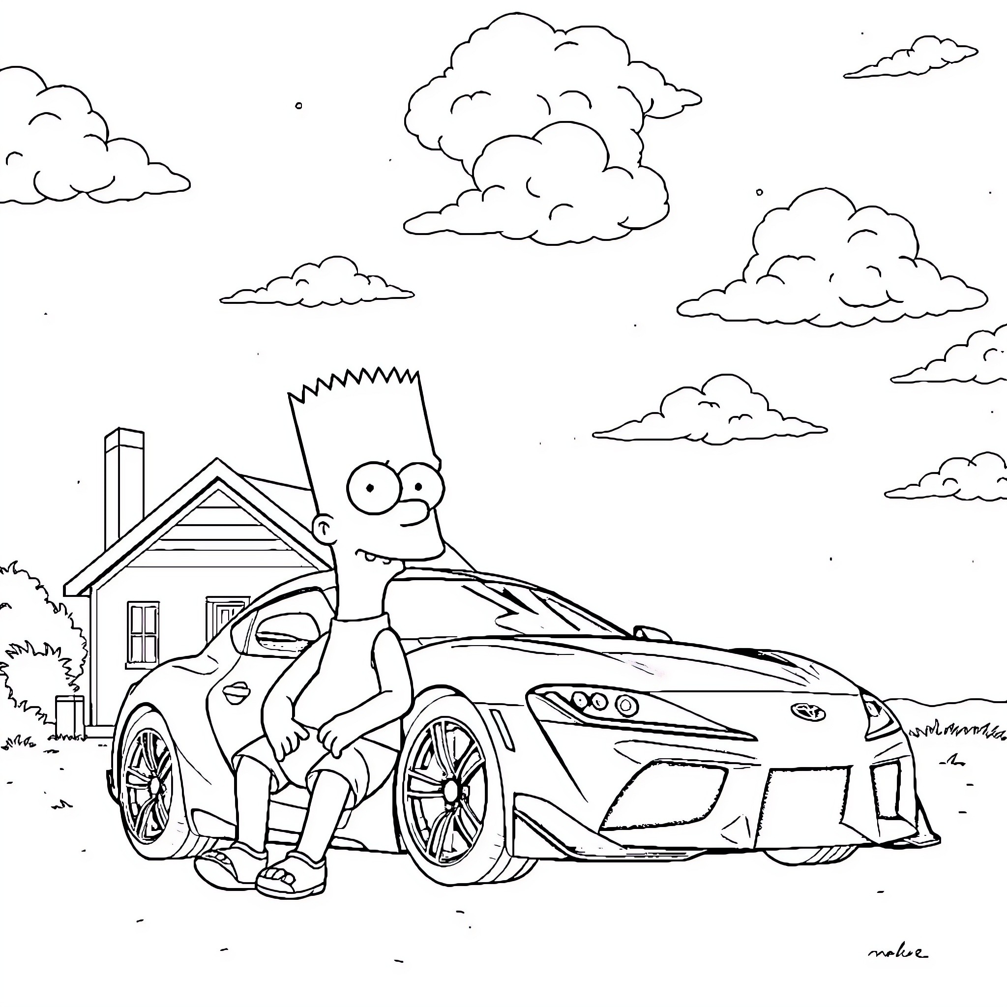 Bart Simpson playing with his sports car in the neighborhood Coloring Page (free black-and-white line drawing printable PDF for all, from beginners to advanced learners, including children, teens, adults, and seniors)