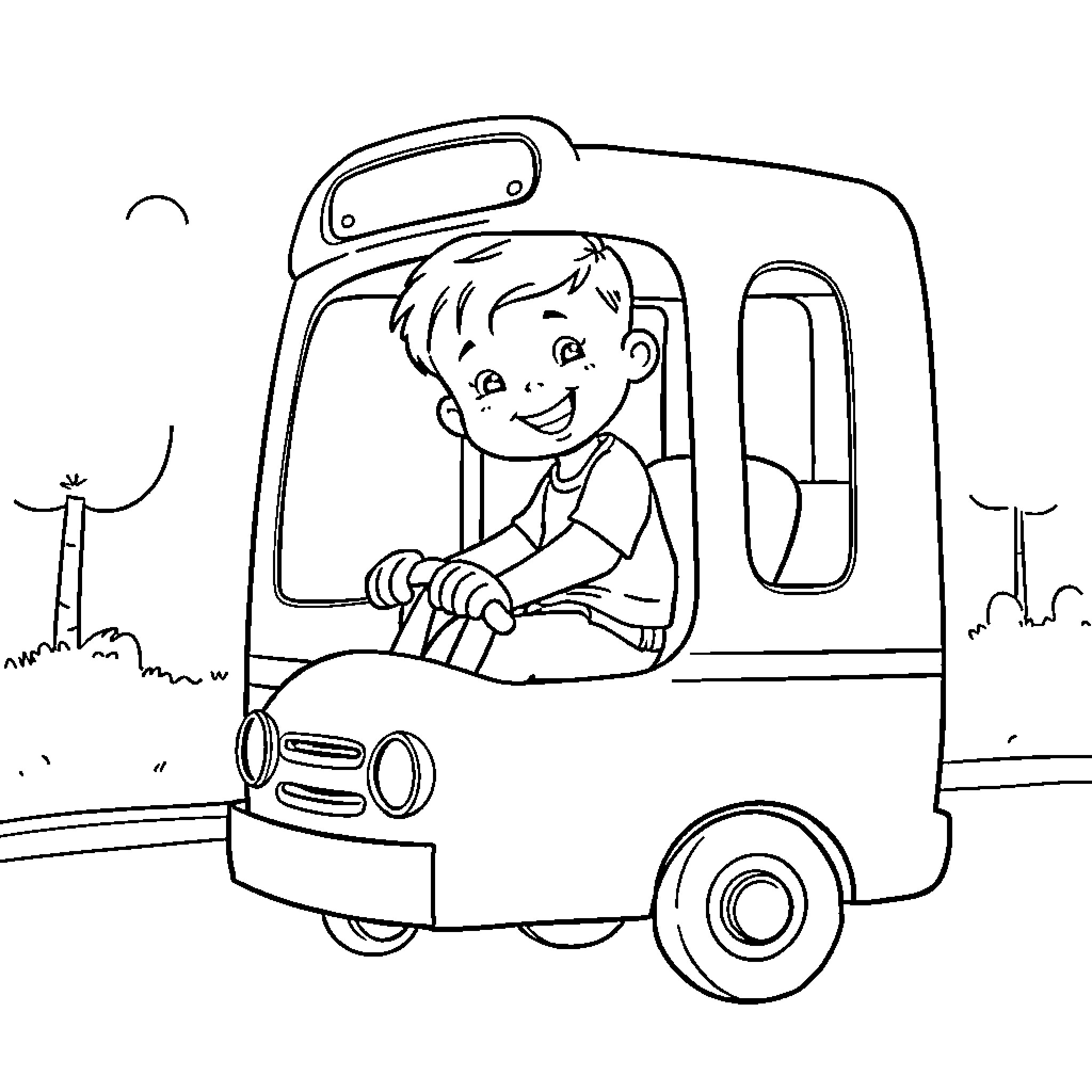 Boy happily driving a miniature vehicle Coloring Page (free black-and-white line drawing printable PDF for all, from beginners to advanced learners, including children, teens, adults, and seniors)