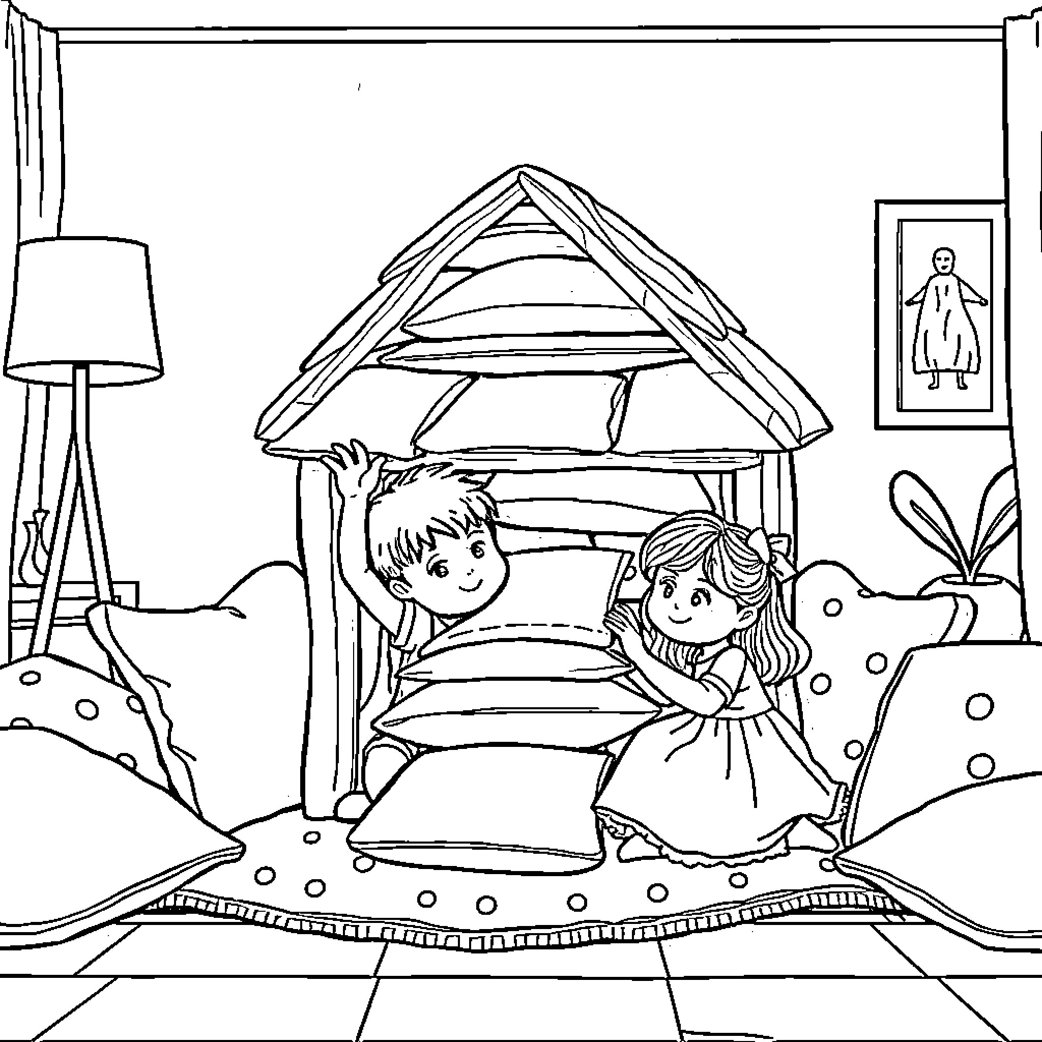 Child playing together in bedroom cozy nook Coloring Page (free black-and-white line drawing printable PDF for all, from beginners to advanced learners, including children, teens, adults, and seniors)