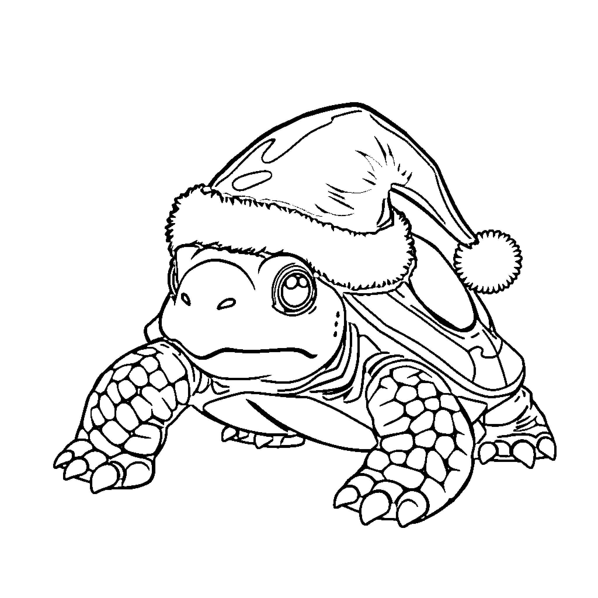 Turtle wearing a winter hat Coloring Page (free black-and-white line drawing printable PDF for all, from beginners to advanced learners, including children, teens, adults, and seniors)