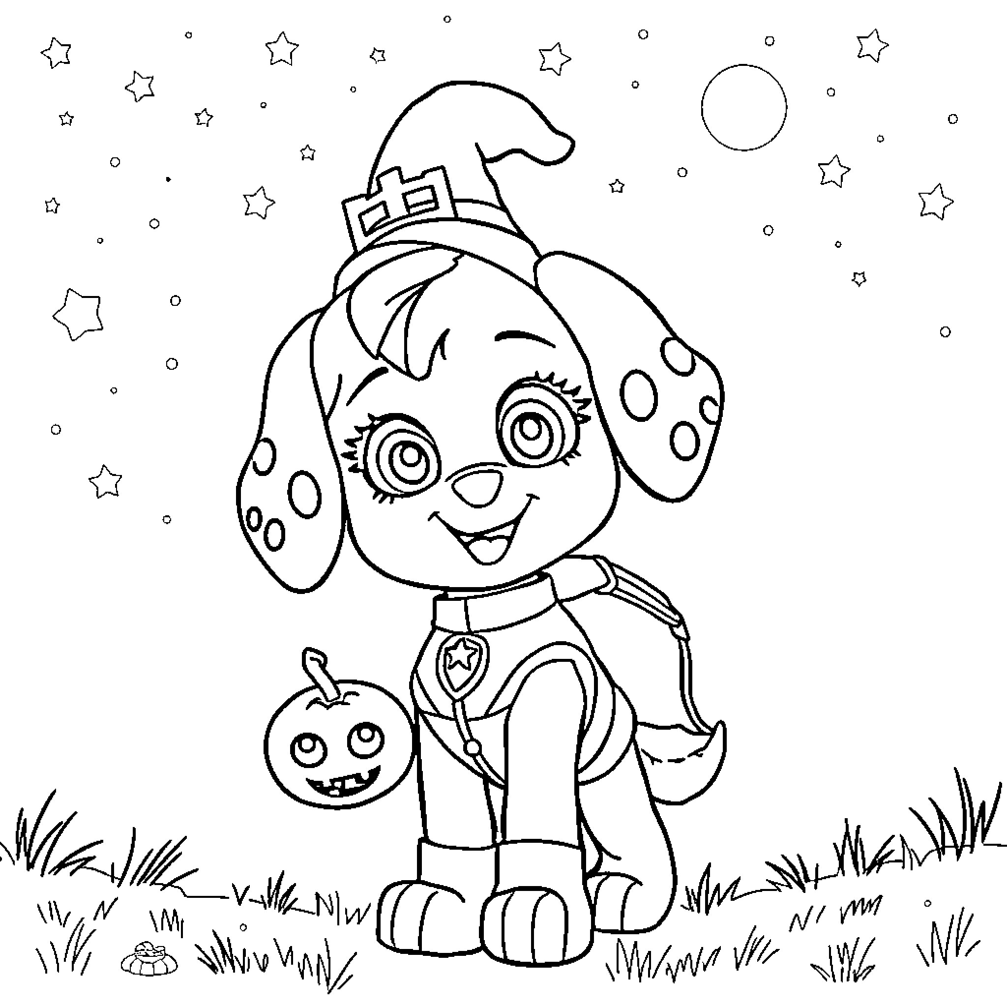 Paw Patrol puppy in Halloween costume Coloring Page (free black-and-white line drawing printable PDF for all, from beginners to advanced learners, including children, teens, adults, and seniors)