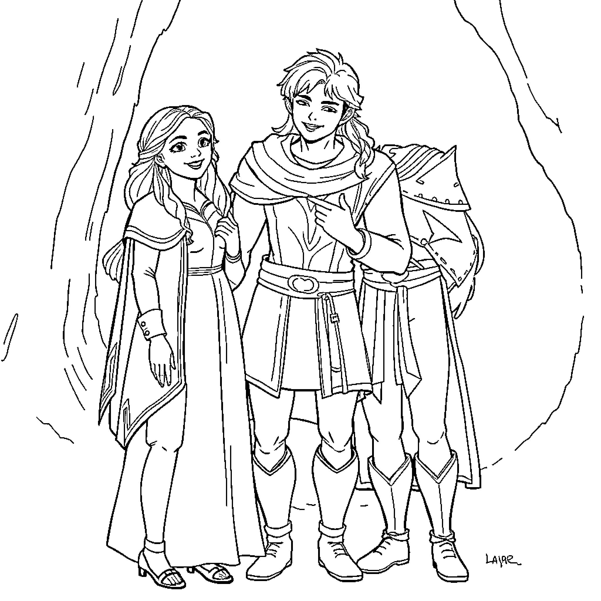 Violet and Friend Explore the Enchanted Realm Coloring Page (free black-and-white line drawing printable PDF for all, from beginners to advanced learners, including children, teens, adults, and seniors)