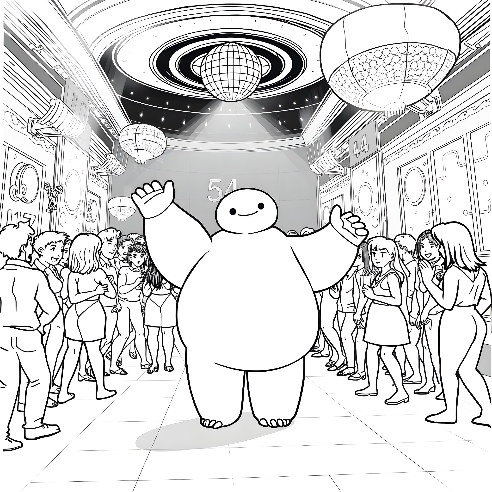 Baymax's Big Dance Party Coloring Page (free black-and-white line drawing printable PDF for all, from beginners to advanced learners, including children, teens, adults, and seniors)