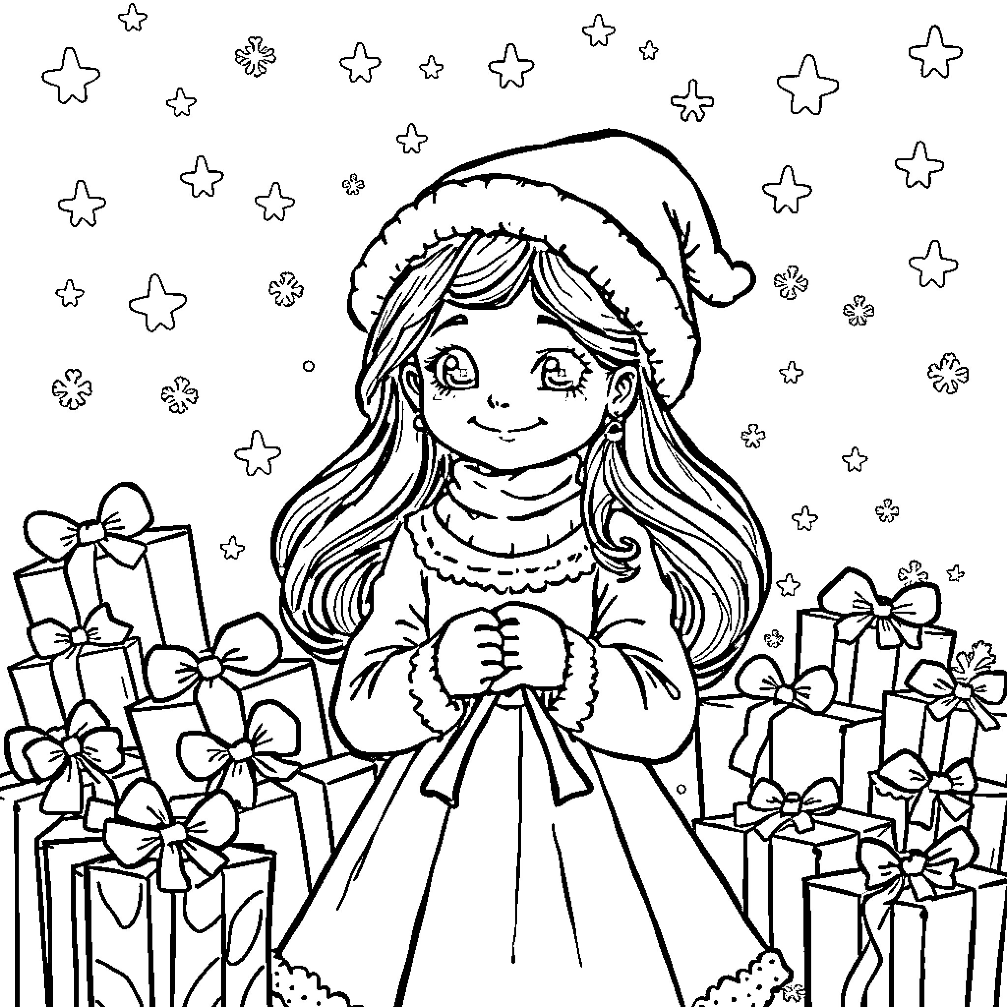 Girl celebrating Christmas with gifts and stars Coloring Page (free black-and-white line drawing printable PDF for all, from beginners to advanced learners, including children, teens, adults, and seniors)