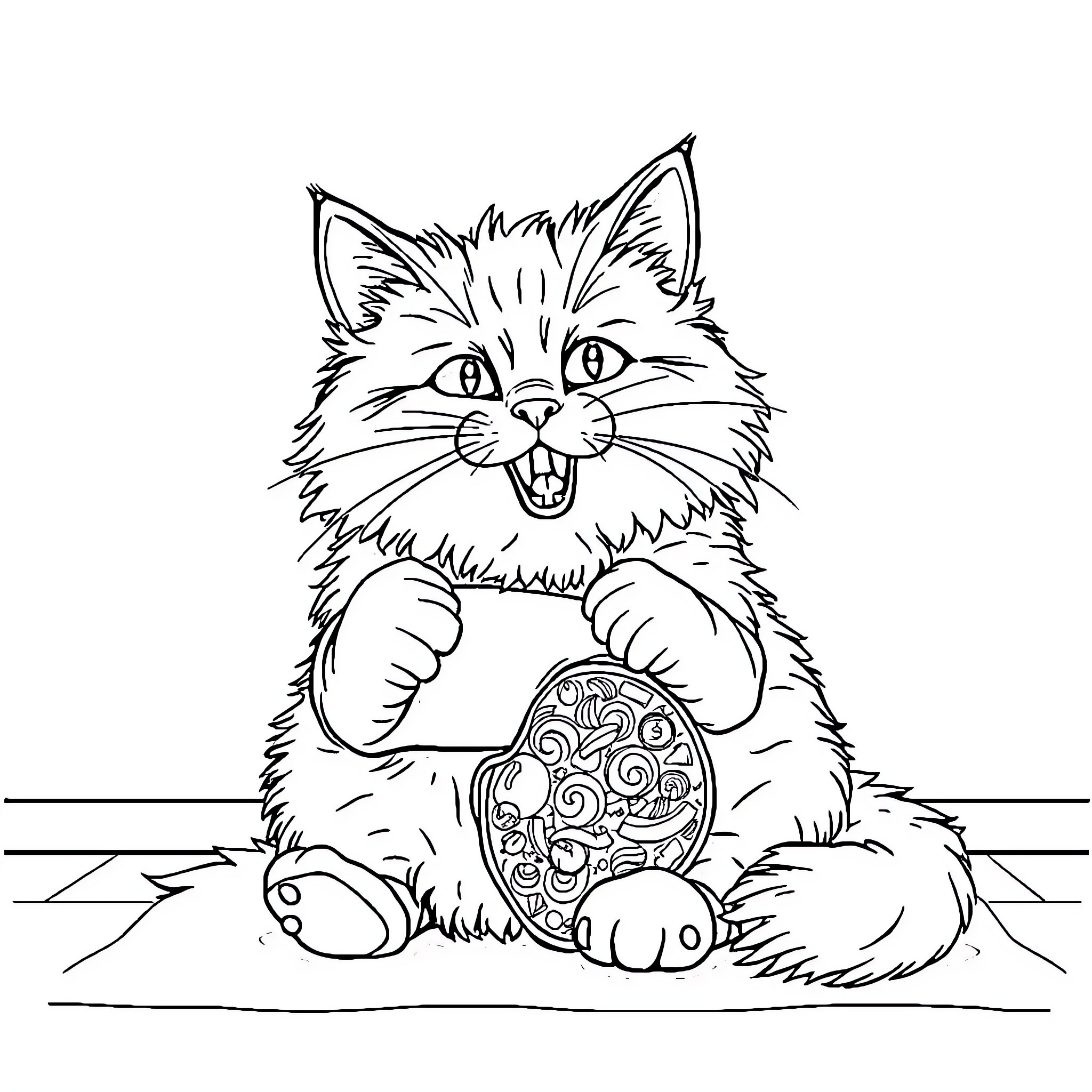Cat with a Patterned Ball Coloring Page (free black-and-white line drawing printable PDF for all, from beginners to advanced learners, including children, teens, adults, and seniors)