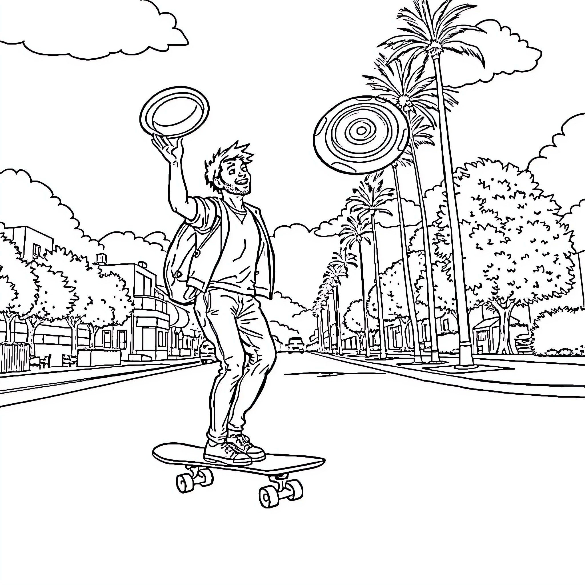 Man riding skateboard on urban street Coloring Page (free black-and-white line drawing printable PDF for all, from beginners to advanced learners, including children, teens, adults, and seniors)