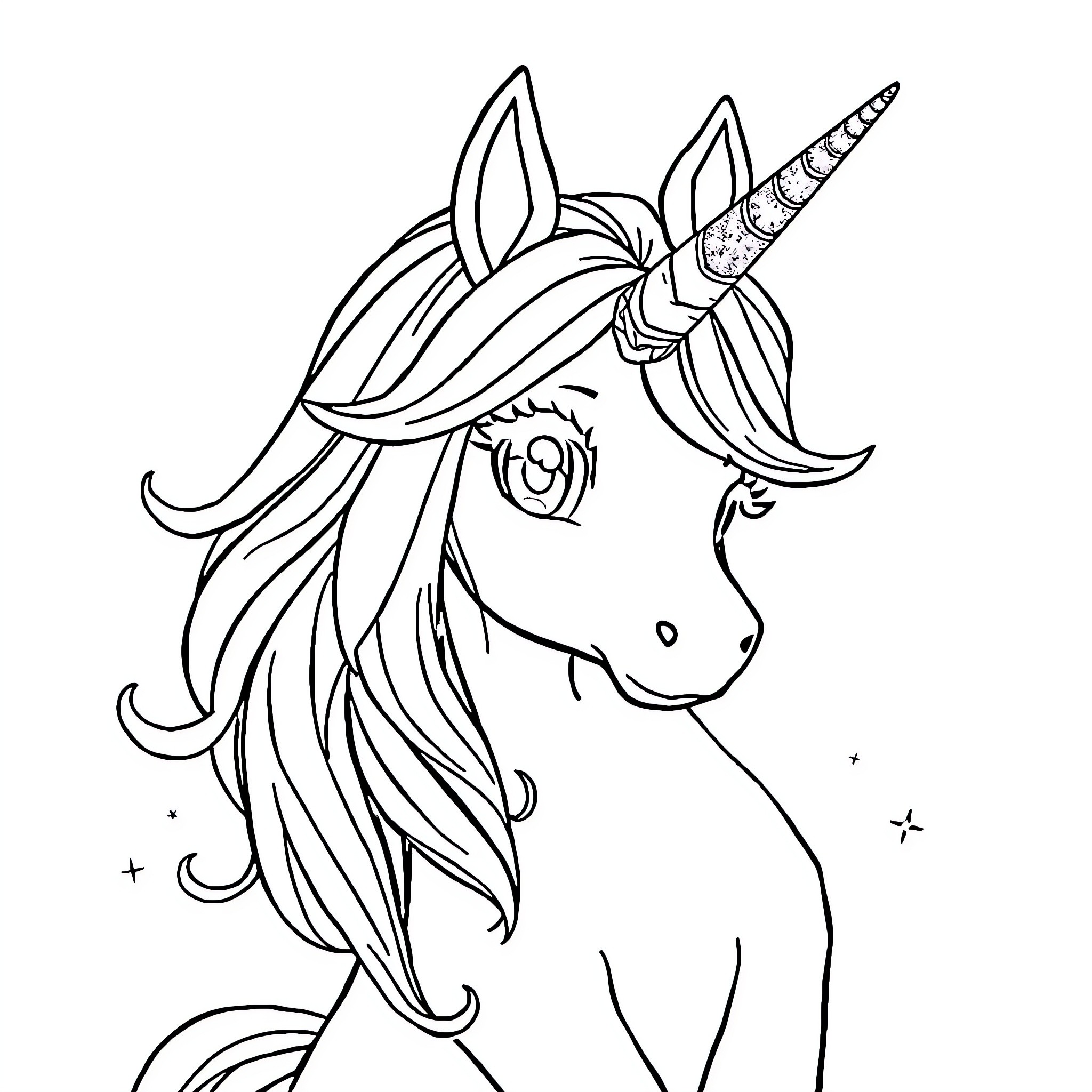 Unicorn with flowing mane and horn Coloring Page (free black-and-white line drawing printable PDF for all, from beginners to advanced learners, including children, teens, adults, and seniors)