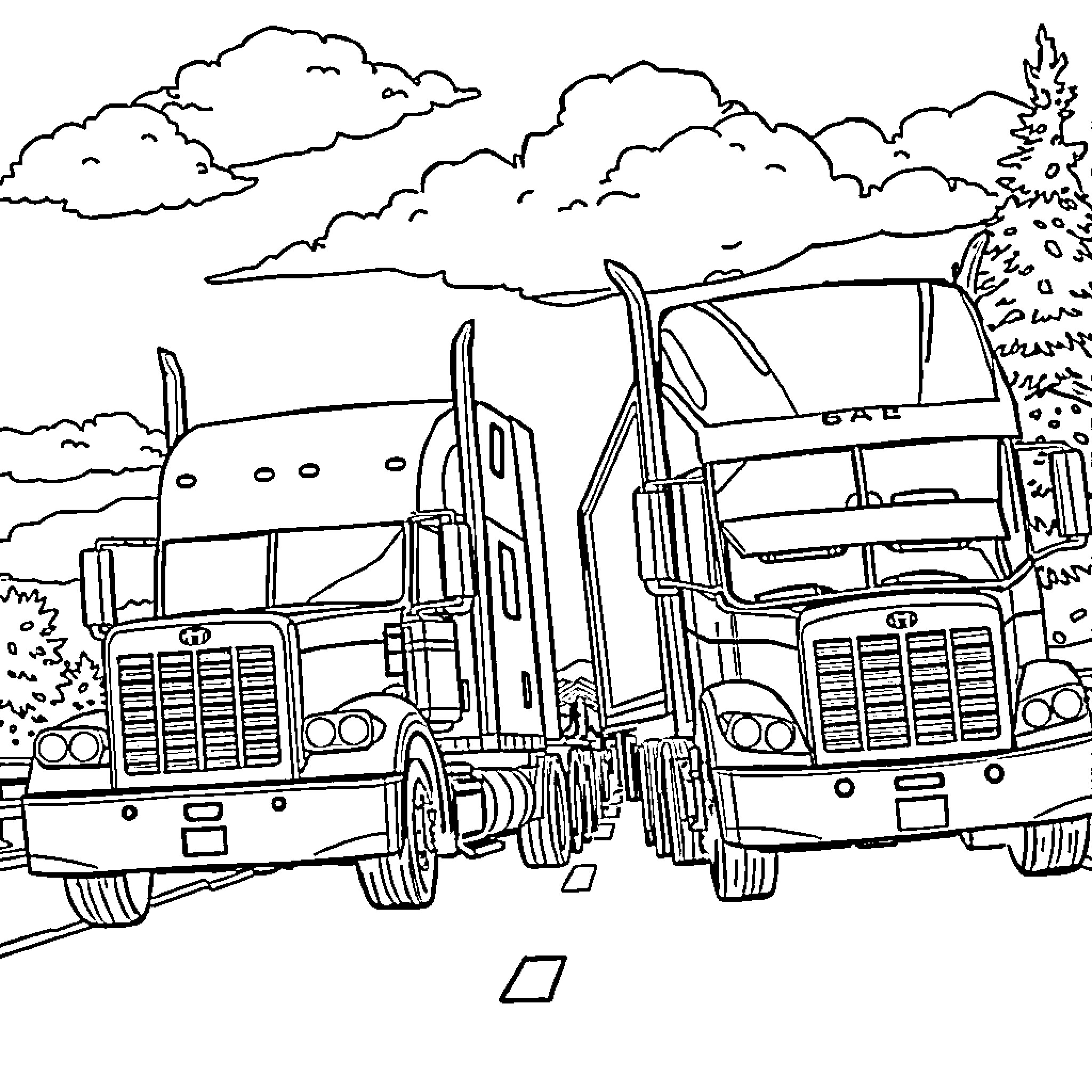 Truck convoy driving through scenic countryside Coloring Page (free black-and-white line drawing printable PDF for all, from beginners to advanced learners, including children, teens, adults, and seniors)