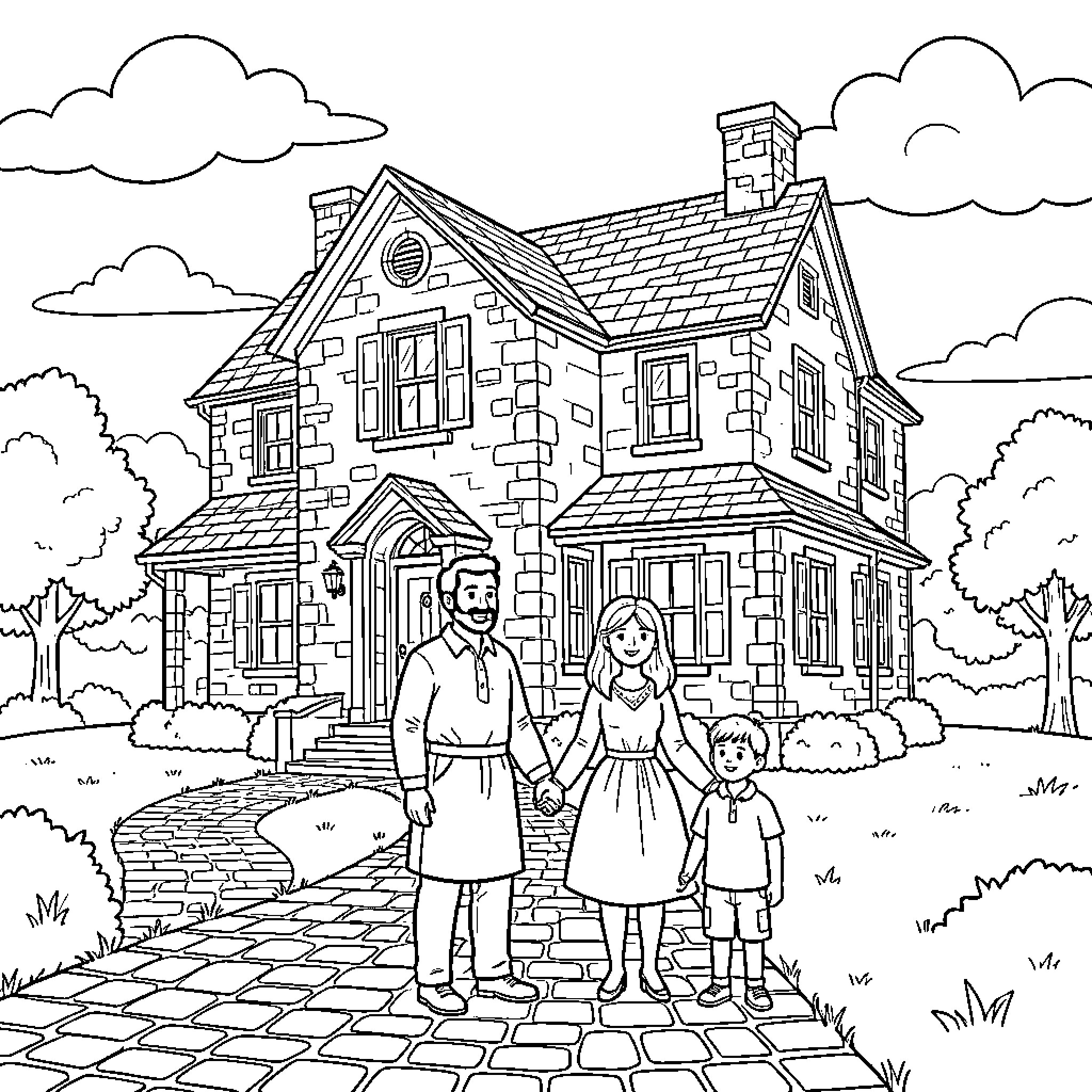 Maison with a happy family standing in front Coloring Page (free black-and-white line drawing printable PDF for all, from beginners to advanced learners, including children, teens, adults, and seniors)