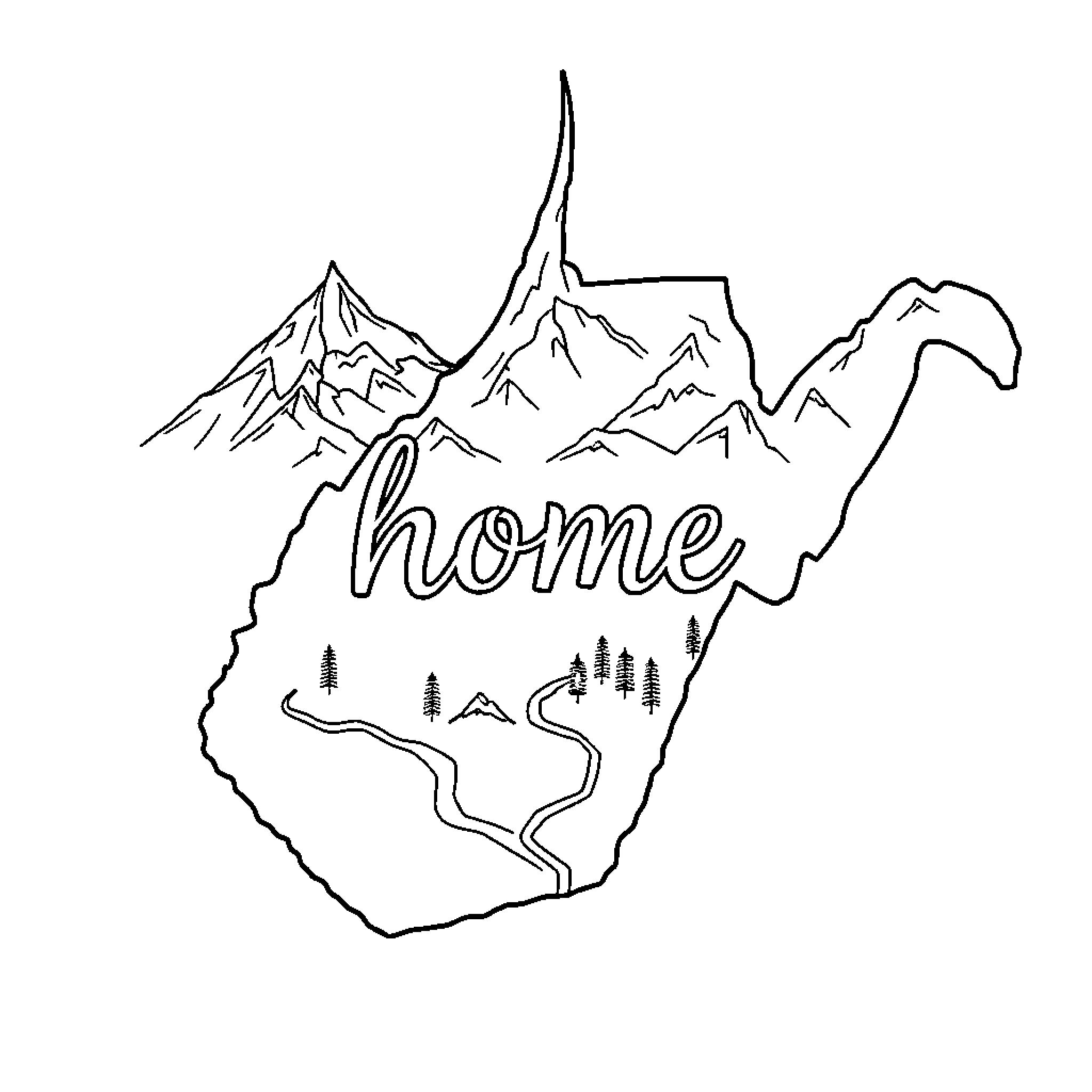 Map of scenic mountain landscape with the word 'home' Coloring Page (free black-and-white line drawing printable PDF for all, from beginners to advanced learners, including children, teens, adults, and seniors)