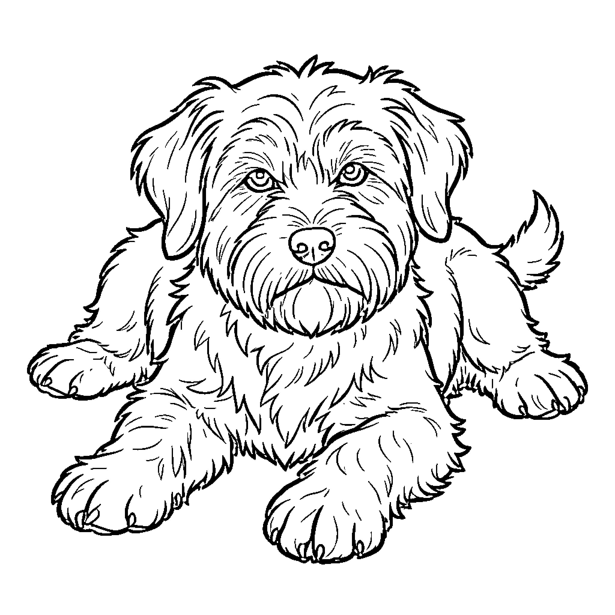 Yorkshire Terrier Puppy in Playful Pose Coloring Page (free black-and-white line drawing printable PDF for all, from beginners to advanced learners, including children, teens, adults, and seniors)