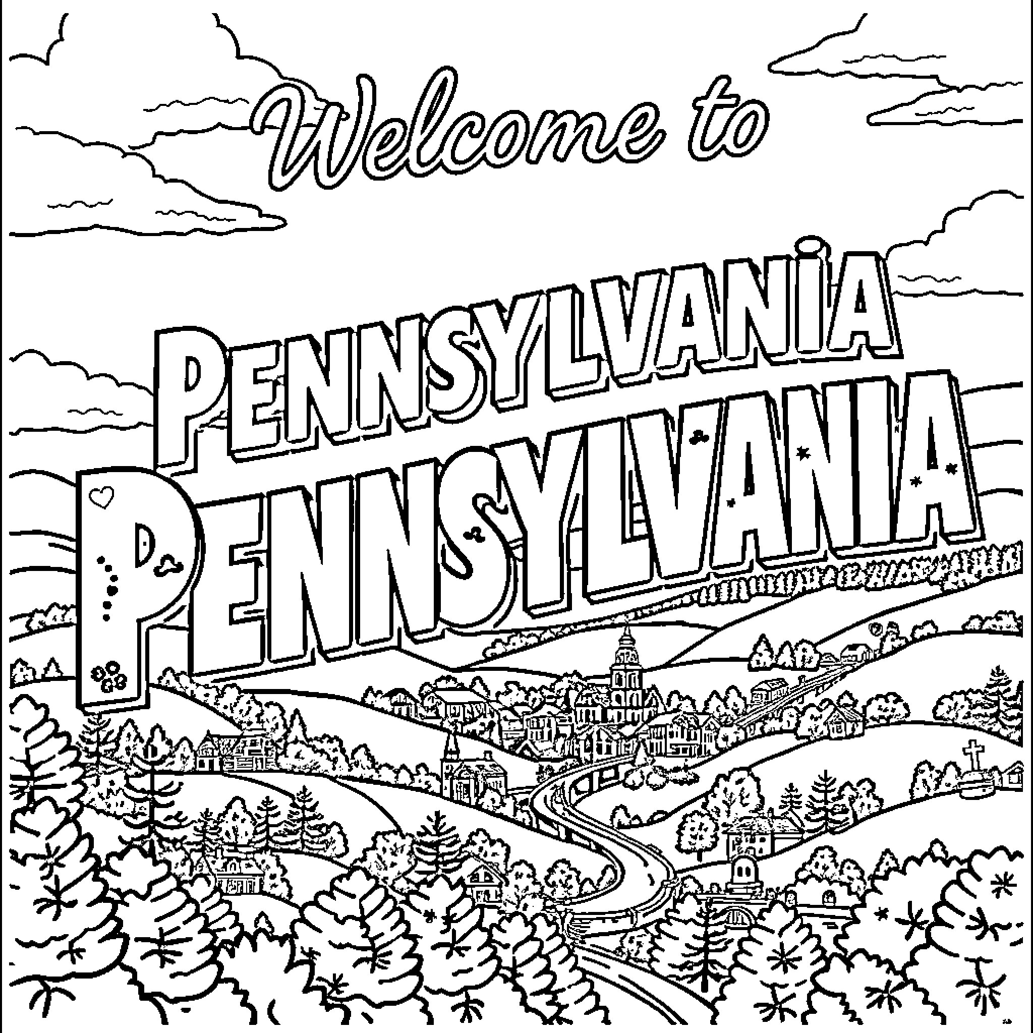 Postcard of a scenic Pennsylvania landscape Coloring Page (free black-and-white line drawing printable PDF for all, from beginners to advanced learners, including children, teens, adults, and seniors)