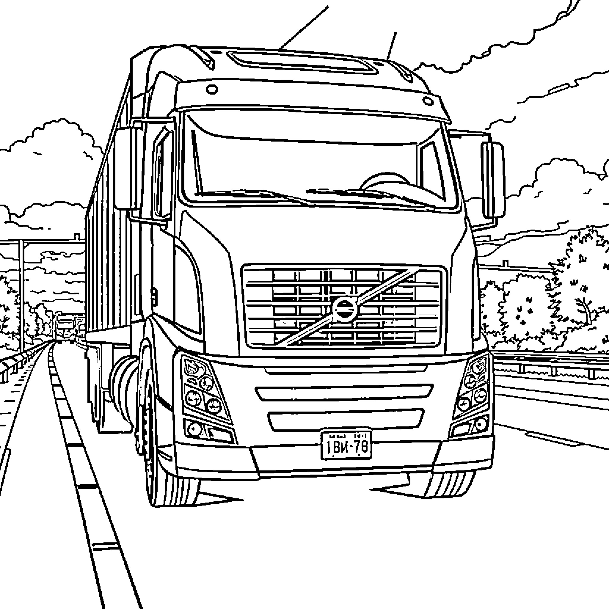 Volvo Truck driving on the highway Coloring Page (free black-and-white line drawing printable PDF for all, from beginners to advanced learners, including children, teens, adults, and seniors)