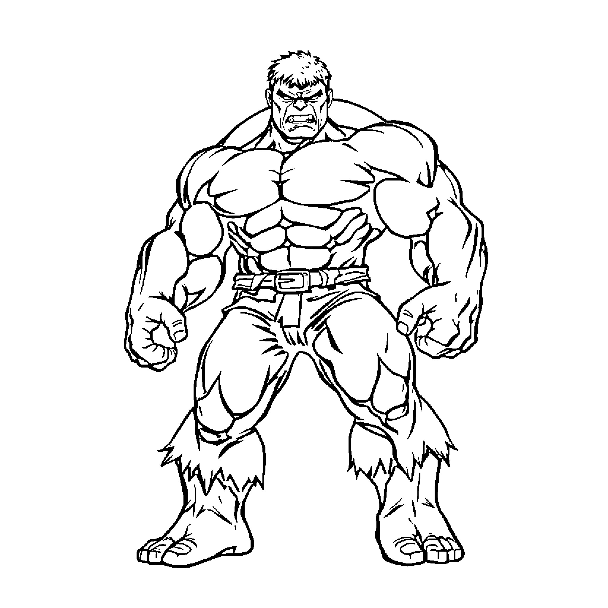 Hulk flexing his muscular physique Coloring Page (free black-and-white line drawing printable PDF for all, from beginners to advanced learners, including children, teens, adults, and seniors)