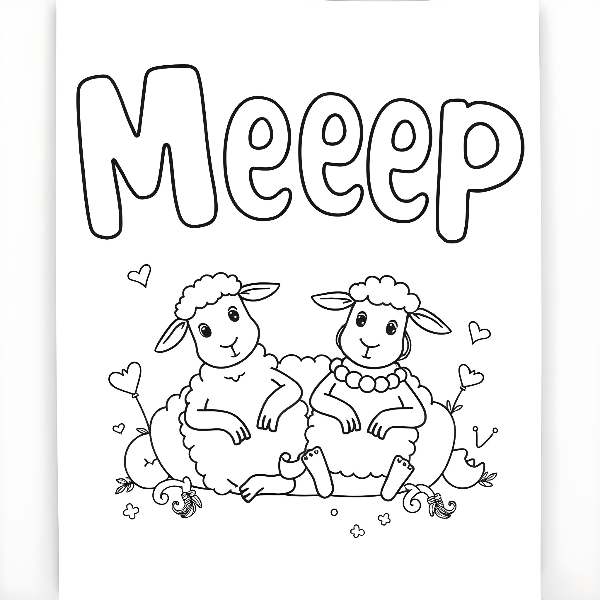 Meep Sheep's Playful Antics Coloring Page (free black-and-white line drawing printable PDF for all, from beginners to advanced learners, including children, teens, adults, and seniors)