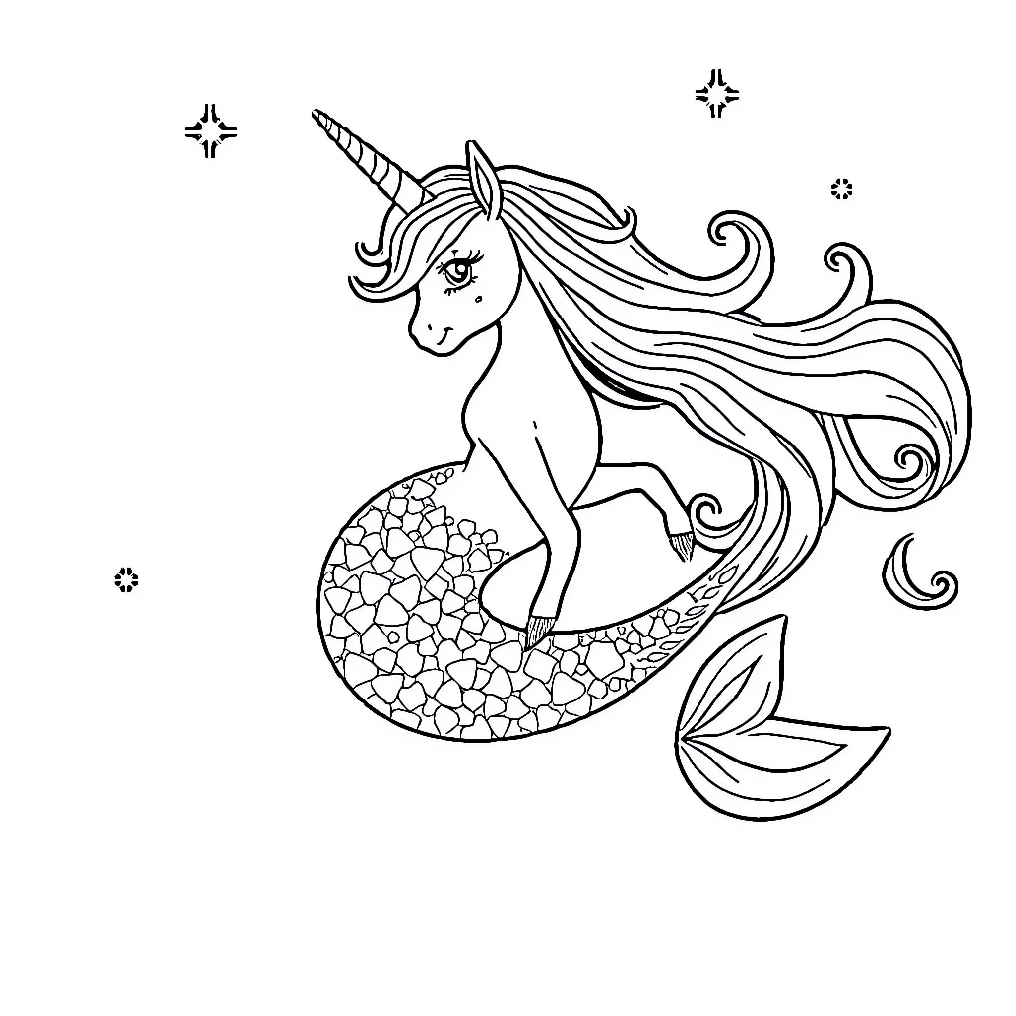 Unicorn Mermaid swimming gracefully among the stars Coloring Page (free black-and-white line drawing printable PDF for all, from beginners to advanced learners, including children, teens, adults, and seniors)