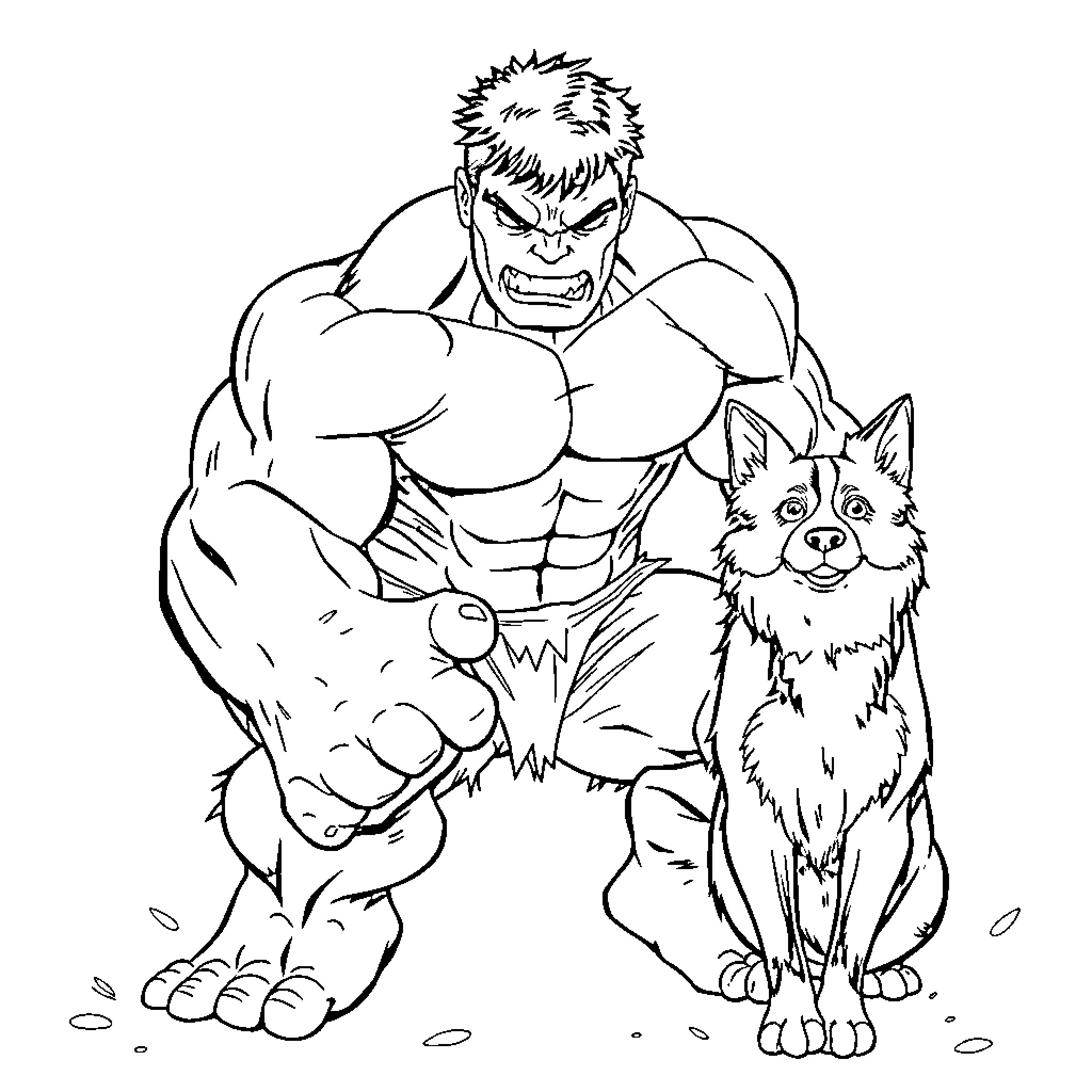 Hulk and his loyal canine companion Coloring Page (free black-and-white line drawing printable PDF for all, from beginners to advanced learners, including children, teens, adults, and seniors)