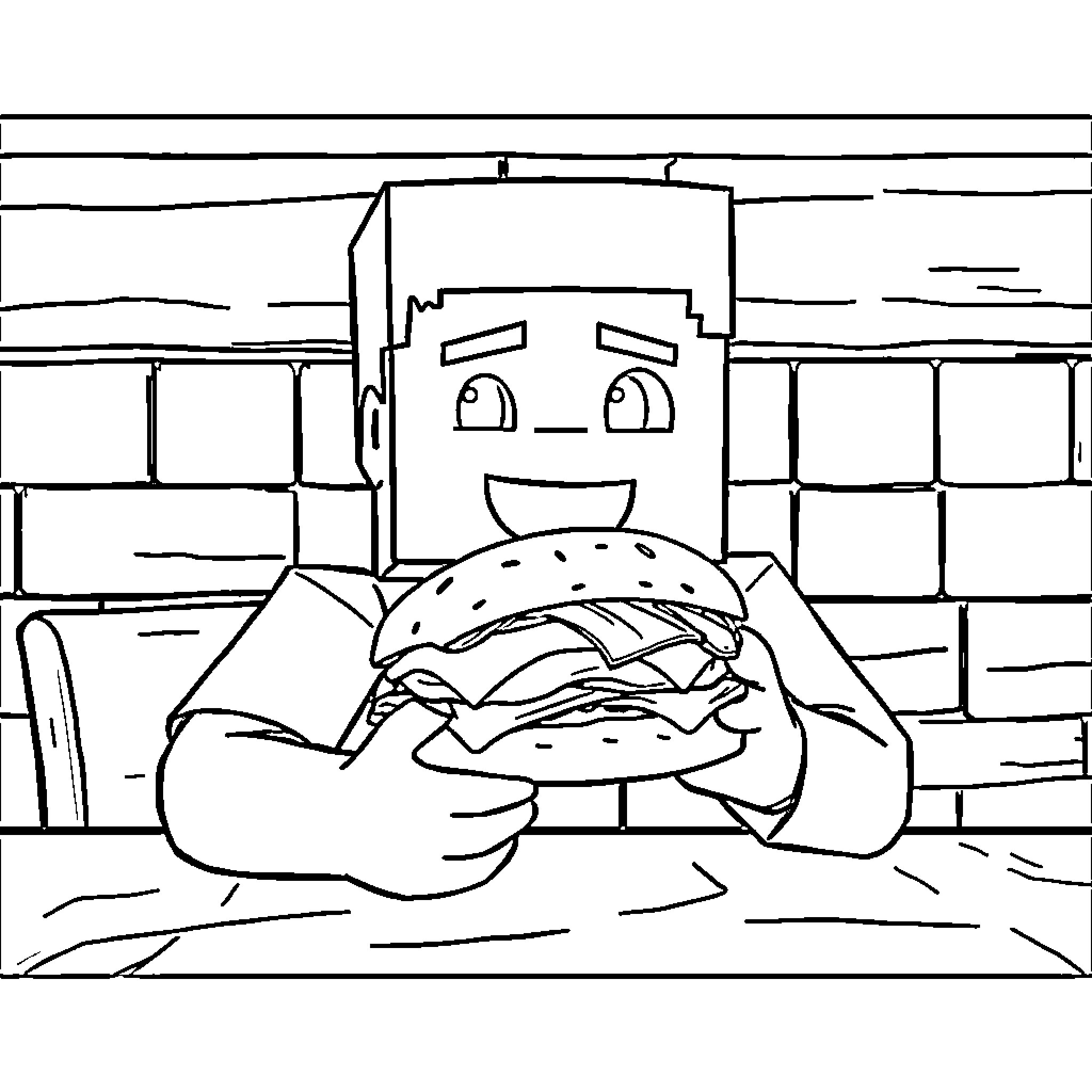 Minecraft Steve enjoys a delicious burger Coloring Page (free black-and-white line drawing printable PDF for all, from beginners to advanced learners, including children, teens, adults, and seniors)
