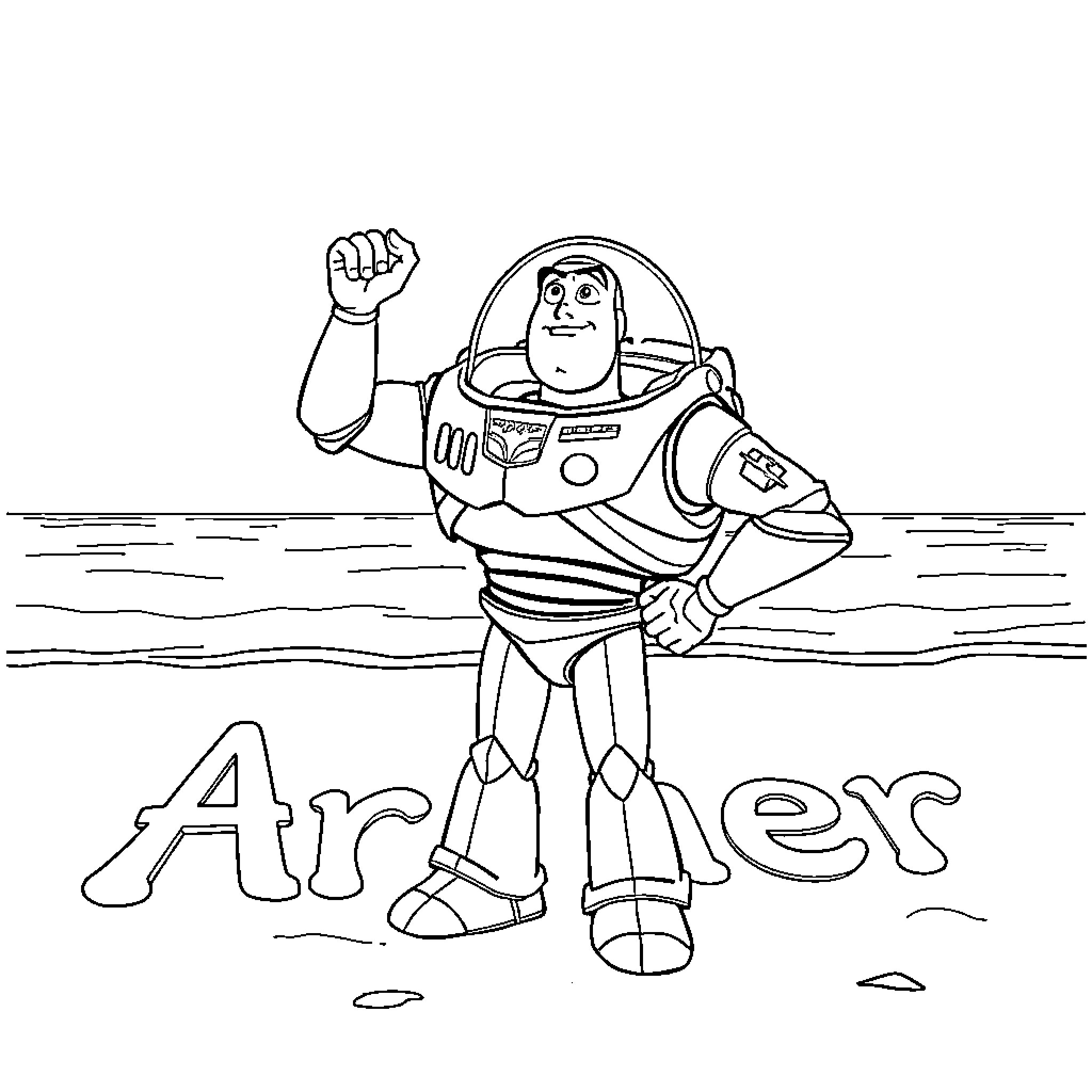 Buzz Lightyear in heroic pose on the beach Coloring Page (free black-and-white line drawing printable PDF for all, from beginners to advanced learners, including children, teens, adults, and seniors)