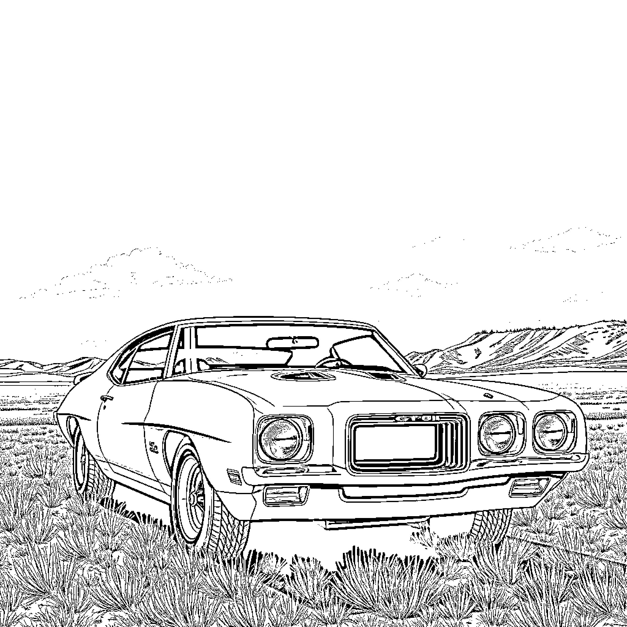 GTO Muscle Car in Scenic Countryside Coloring Page (free black-and-white line drawing printable PDF for all, from beginners to advanced learners, including children, teens, adults, and seniors)