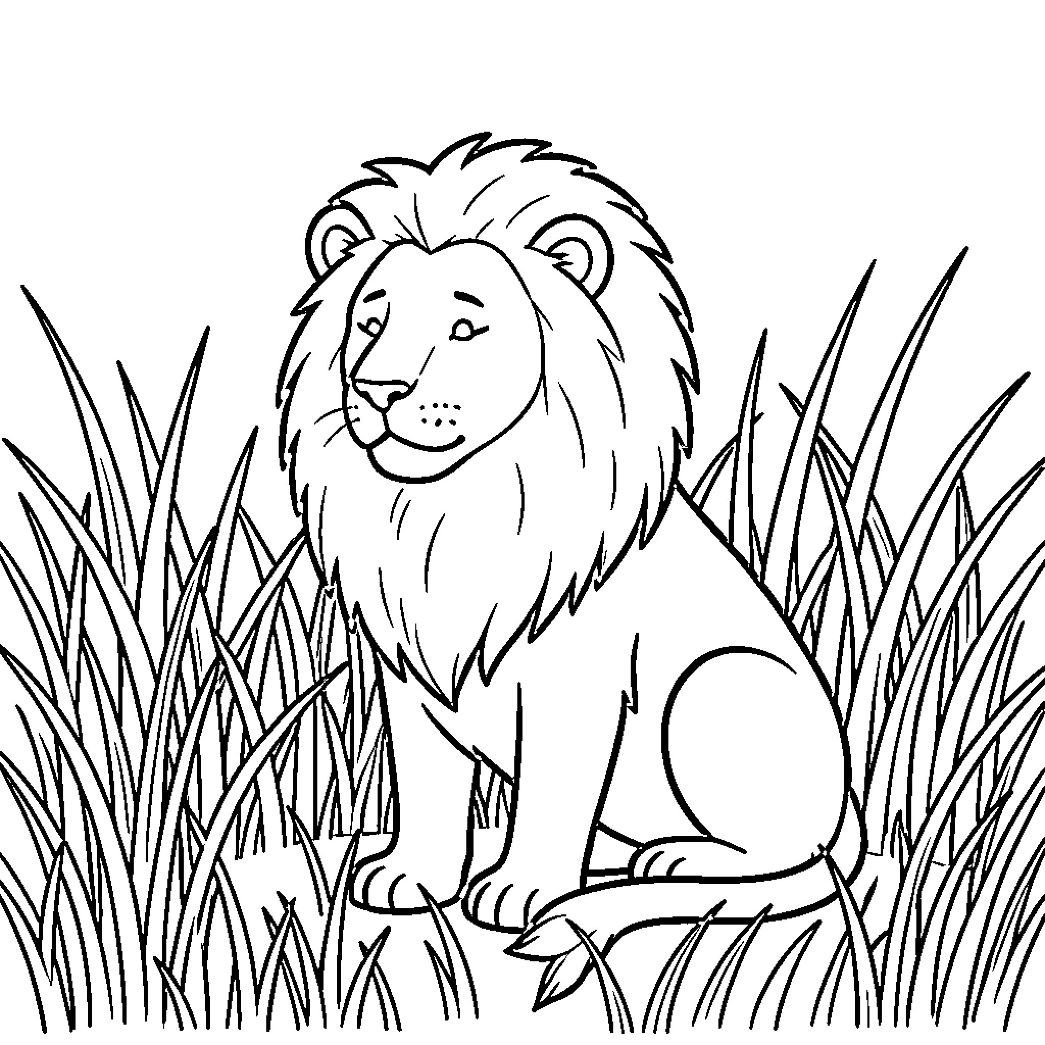 Lion resting peacefully in tall grass Coloring Page (free black-and-white line drawing printable PDF for all, from beginners to advanced learners, including children, teens, adults, and seniors)