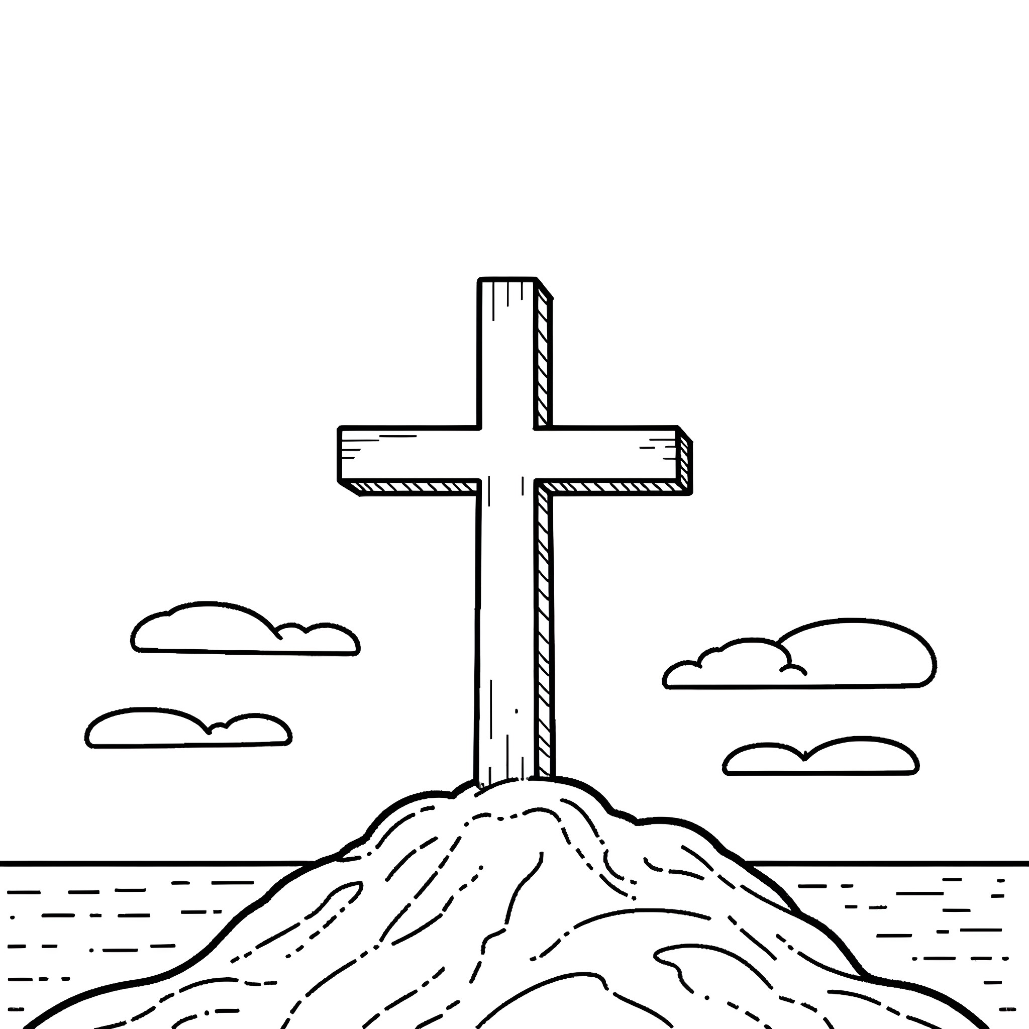 Cross on a Hilltop Coloring Page (free black-and-white line drawing printable PDF for all, from beginners to advanced learners, including children, teens, adults, and seniors)